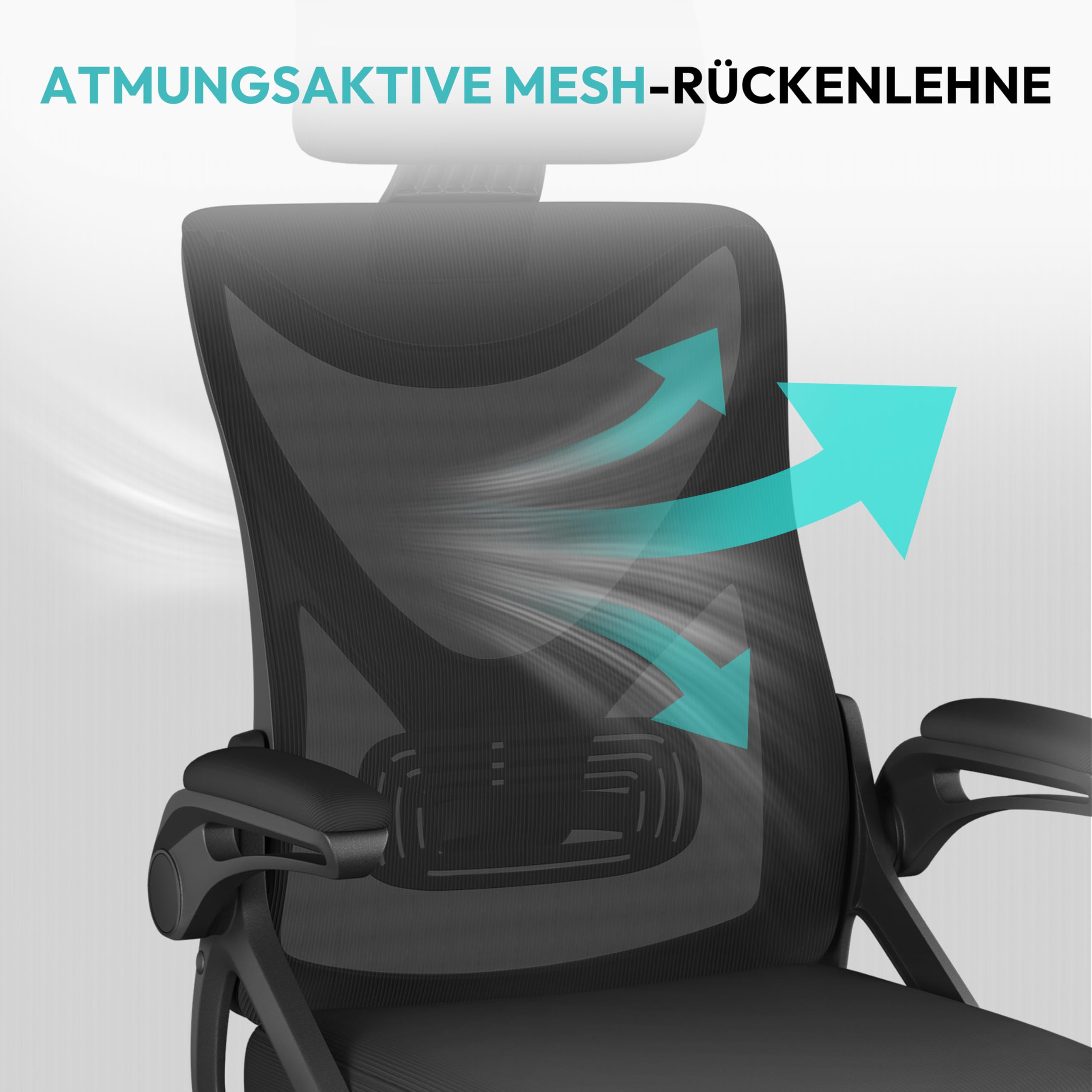 Yaheetech Bürostuhl Ergonomisch, Schreibtischstuhl mit Hochklappbaren Armlehnen, Drehstuhl mit Rückenlehne und Verstellbarer Kopfstütze, Chefsessel Wippfunktion, bis 150 kg Belastbar Schwarz