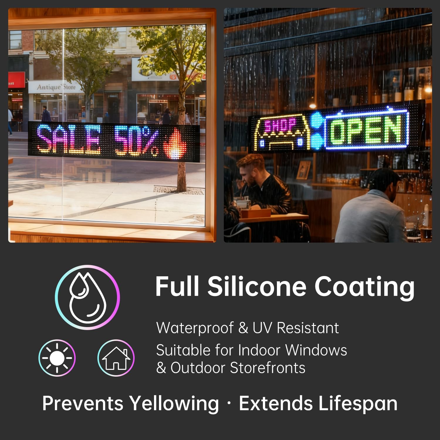 Señal LED programable de 52 x 8 pulgadas para escaparates, control de aplicación Bluetooth, adhesivo, alimentación por USB, pantalla publicitaria impermeable IP65