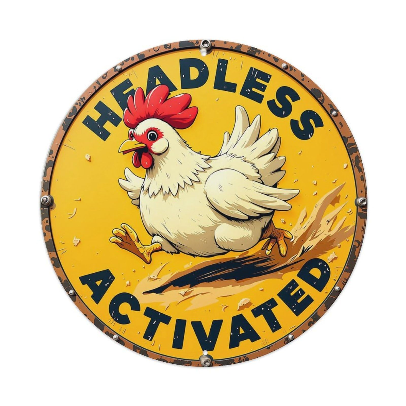 Headless Chicken Running Sign Retro Metal Sign Round Tin Sign, Vintage Decor Art Poster for Bar, Home, Man Cave, Kitchen, Laundry Room Gift 8x8Inch