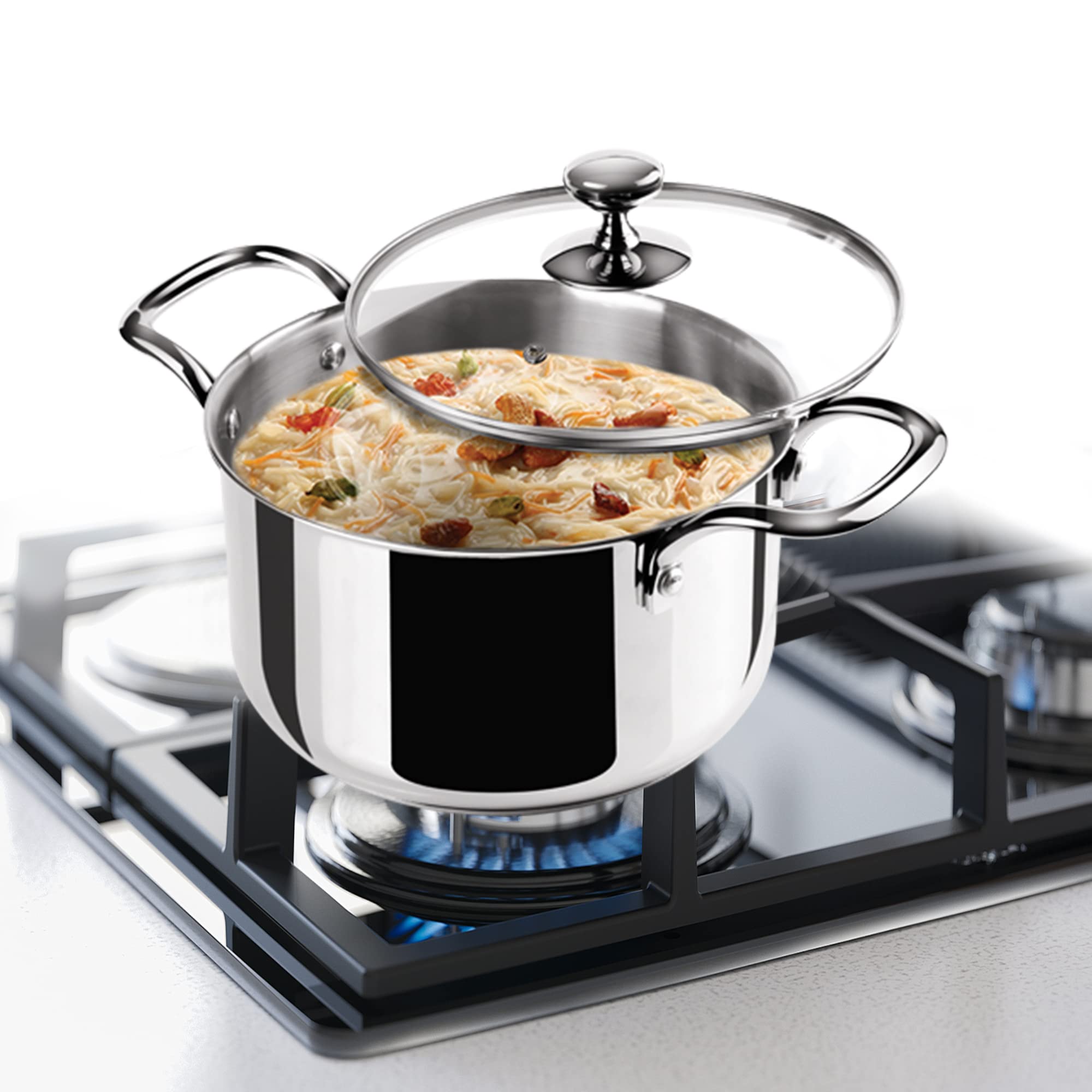 MILTON Pro cook Triply Stainless-Steel Casserole Handi/Stock Pot/Biryani Pot with Glass Lid 14 cm, 1.2 Litre, Cook-N-Serve Bowl, Gas and Induction Friendly, 2 Years Warranty-image-5