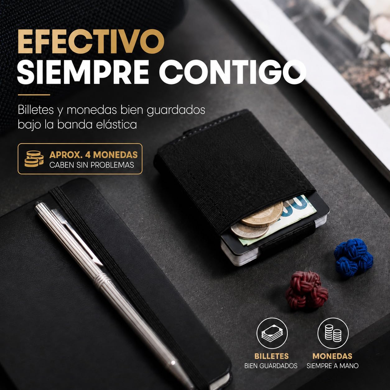 Jaimie Jacobs Nano Boy Cartera Minimalista Slim Wallet Pequeña Tarjetera Fina Pinza para Billetes Billetero Hombre (Negro)