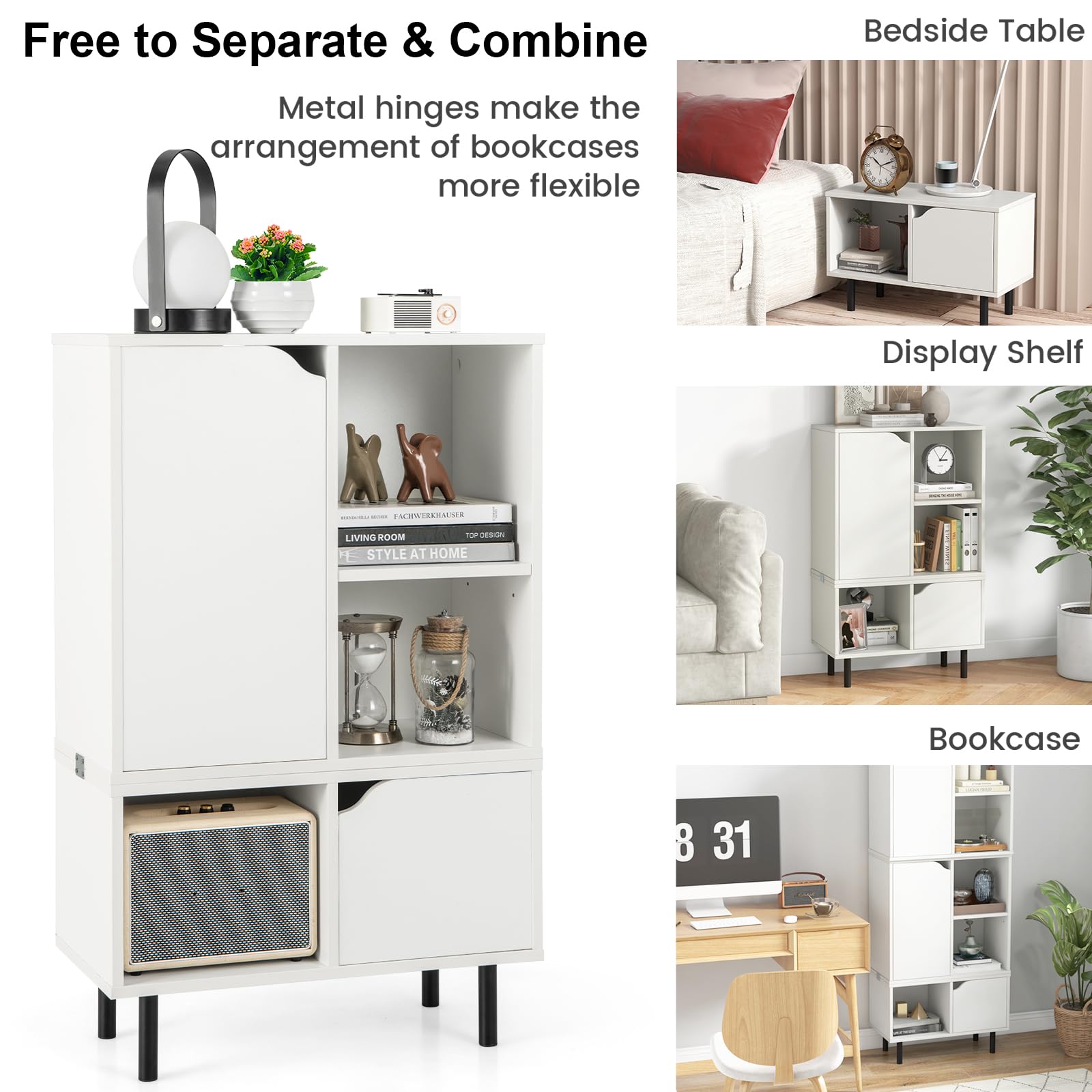 HOMASIS Libreria Scaffale Bianco, Armadio Componibile in Legno, Mobiletto Salvaspazio con 2 Armadietti e 3 Cubi, Libreria Portaoggetti per Soggiorno, Ingresso, Studio, 60 x 30 x 96,5 cm