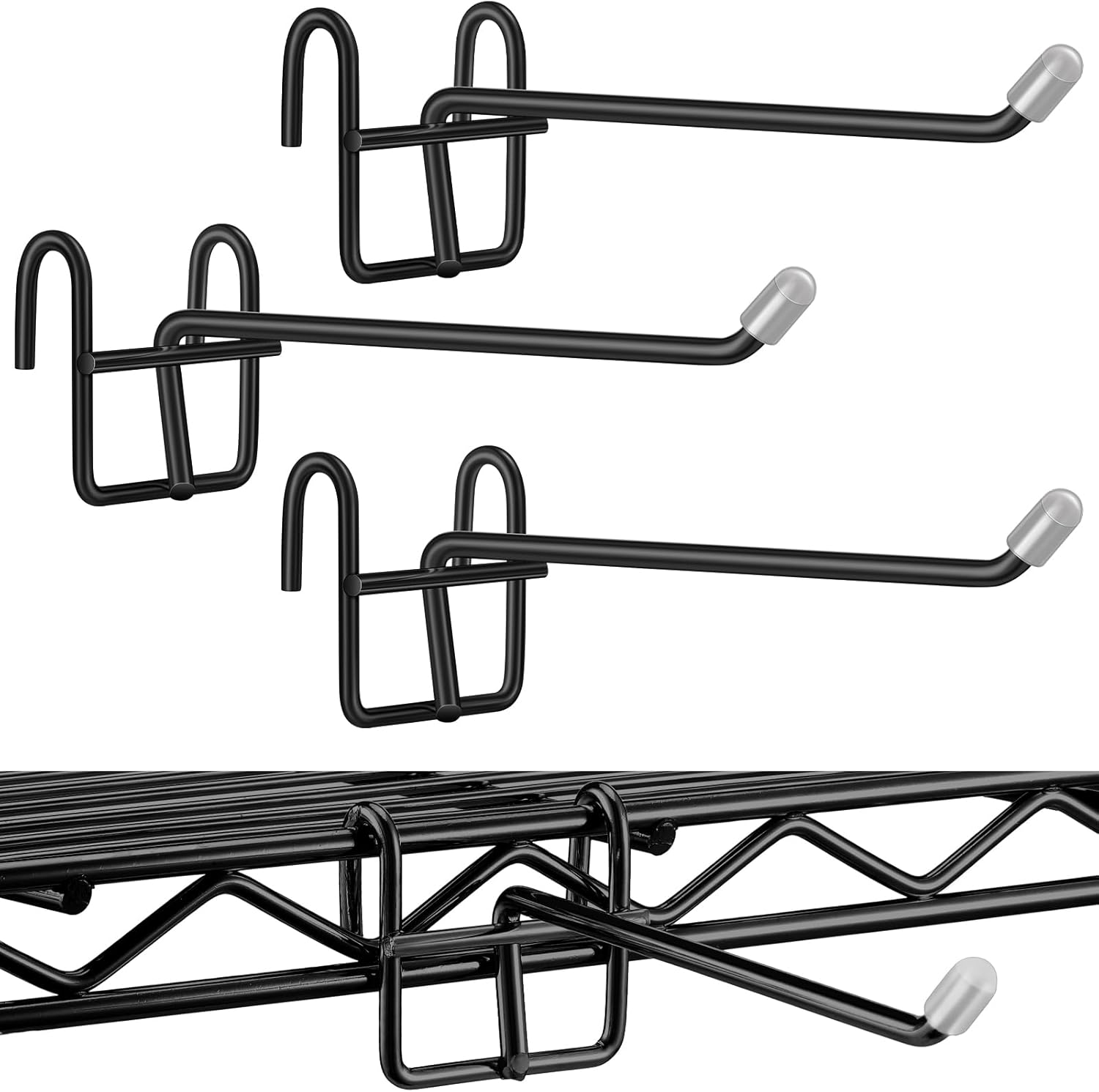 MorningRo 4-Pack Heavy Duty Wire Shelving Hooks with Rubber Covers - Black Metal Hangers for Kitchen Utensils & Shelf Organization