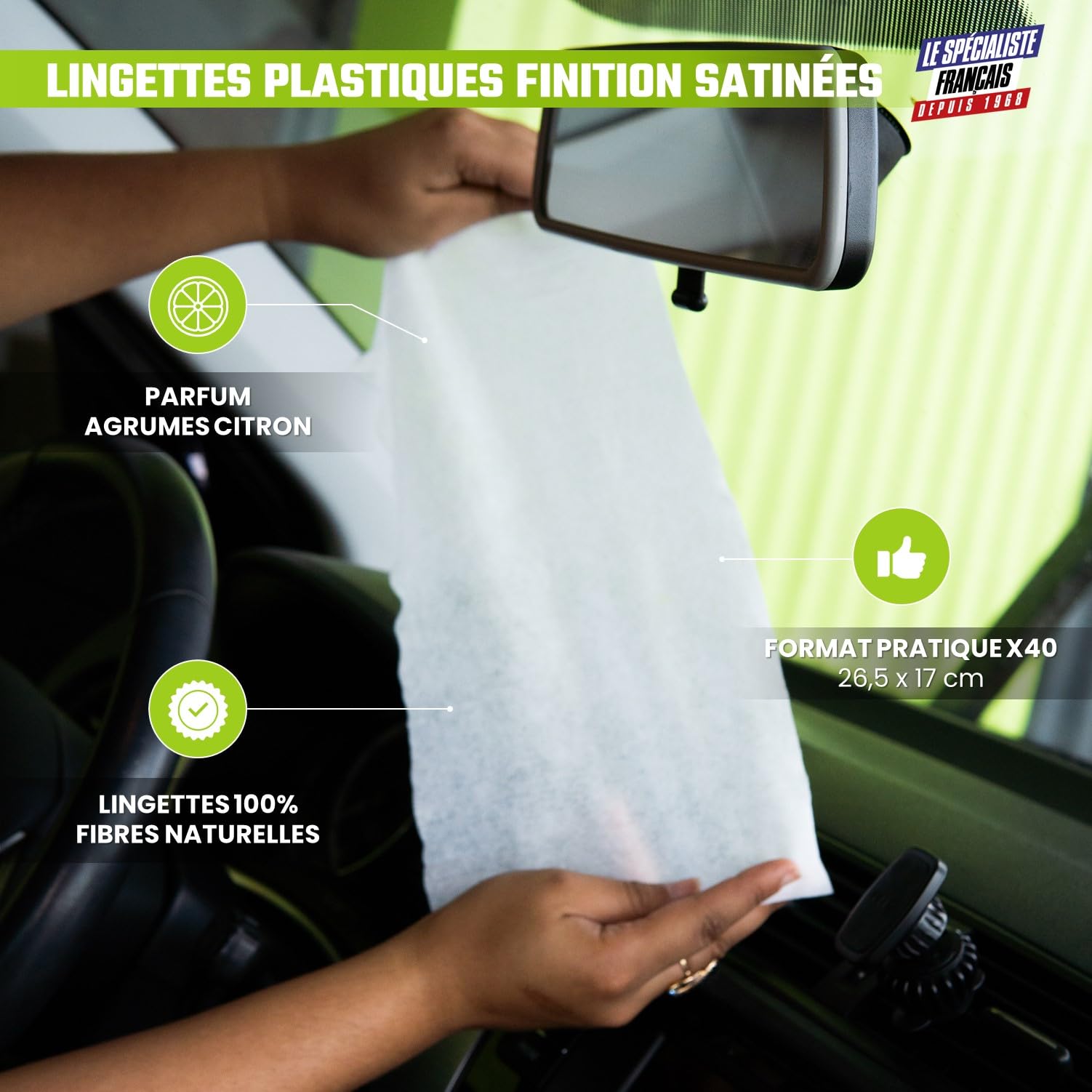 GS27 - Plastikowe chusteczki samochodowe - satynowe wykończenie - 100% naturalna wiskoza - zapach cytrusowy - 40 chusteczek samochodowych XXL