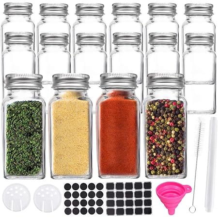 16 Pack 6 oz 180 ml Clear Glass Spice & Salts Jars Bottles, Square Glass Seasoning Jars With Aluminum Silver Metal Caps and Pour/Sift Shaker Lid. 1 Pen,40 Black Labels and 1 Fold able Wide Funnel.