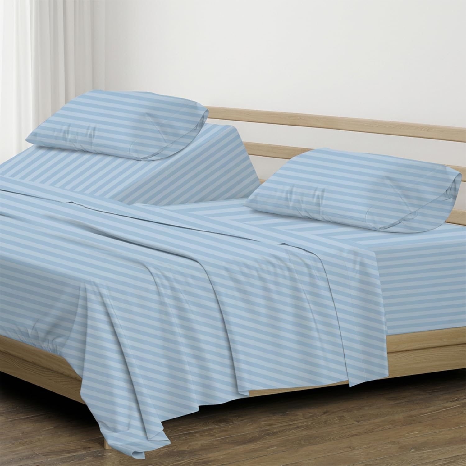 Bettlaken mit Fadenzahl 500, 100 % ägyptische Baumwolle, gestreiftes Bettlaken-Set, hellblau, passend für Matratzen bis zu 40.6 cm tiefe Tasche, weiche und seidige Satin-Bettlaken — image 1