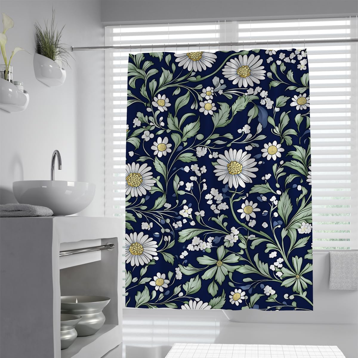 OLLIAR Home Boho Floral Shower Curtain 150x180 Farmhouse Daisy Shower Curtains for Bathroom Vintage Country Wildflower Waterproof Polyester Bath Curtain Set with Hooks