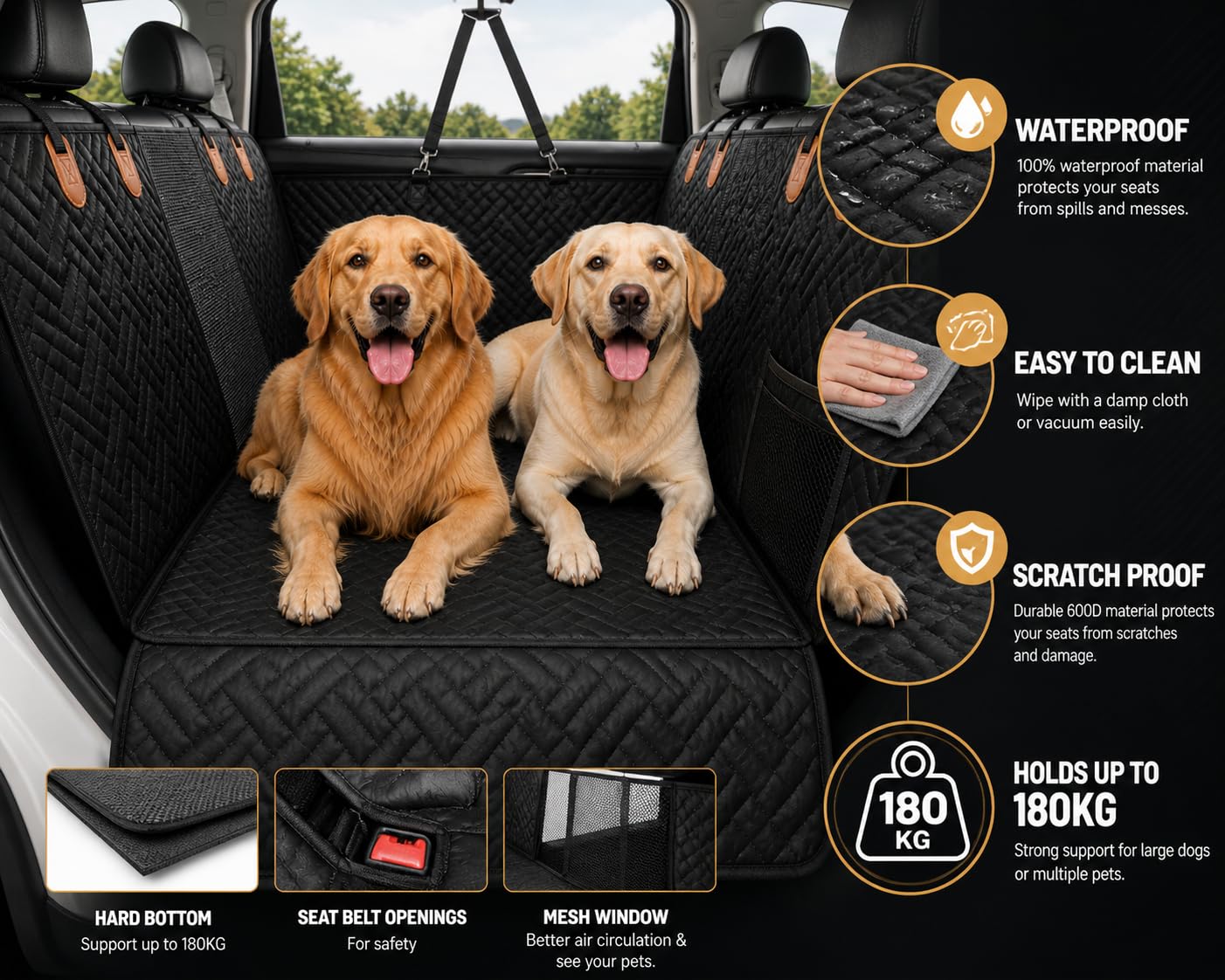 Copertura Impermeabile Premium per Sedile Auto Cani - Antiscivolo, Antigraffio, Oxford 600D, Protezione Completta per Auto, SUV e Furgoni - Facile da pulire, con Tasche e Cintura di Sicurezza Inclusa