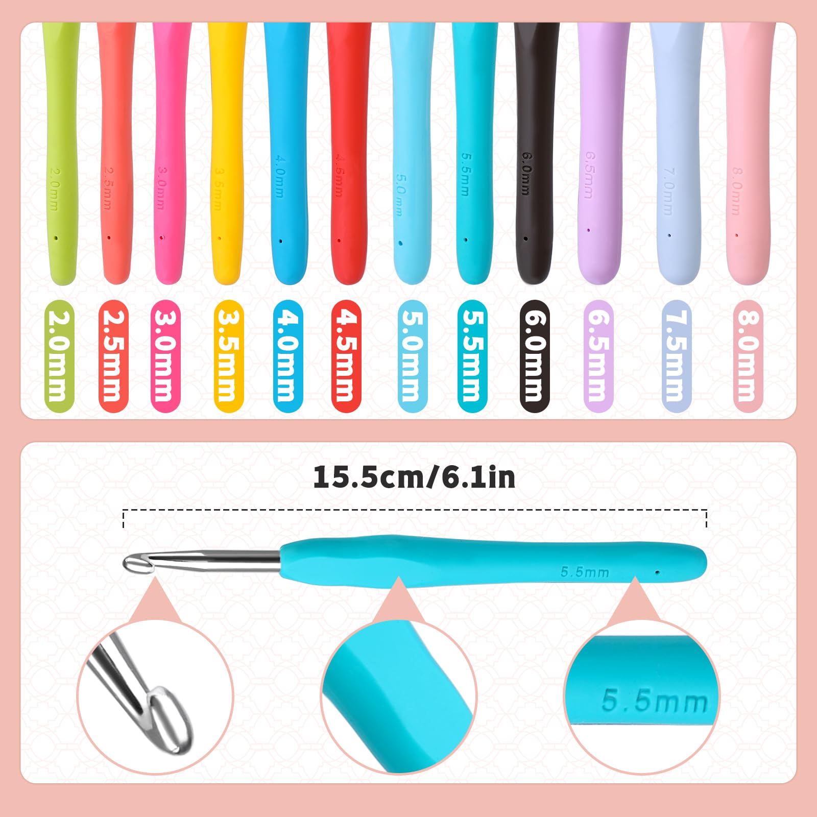 LOT DE 12 Aiguilles à Crochet Ergonomiques De 2 Mm à 8 Mm Avec Poignée Souple EUR 37,13 - FR