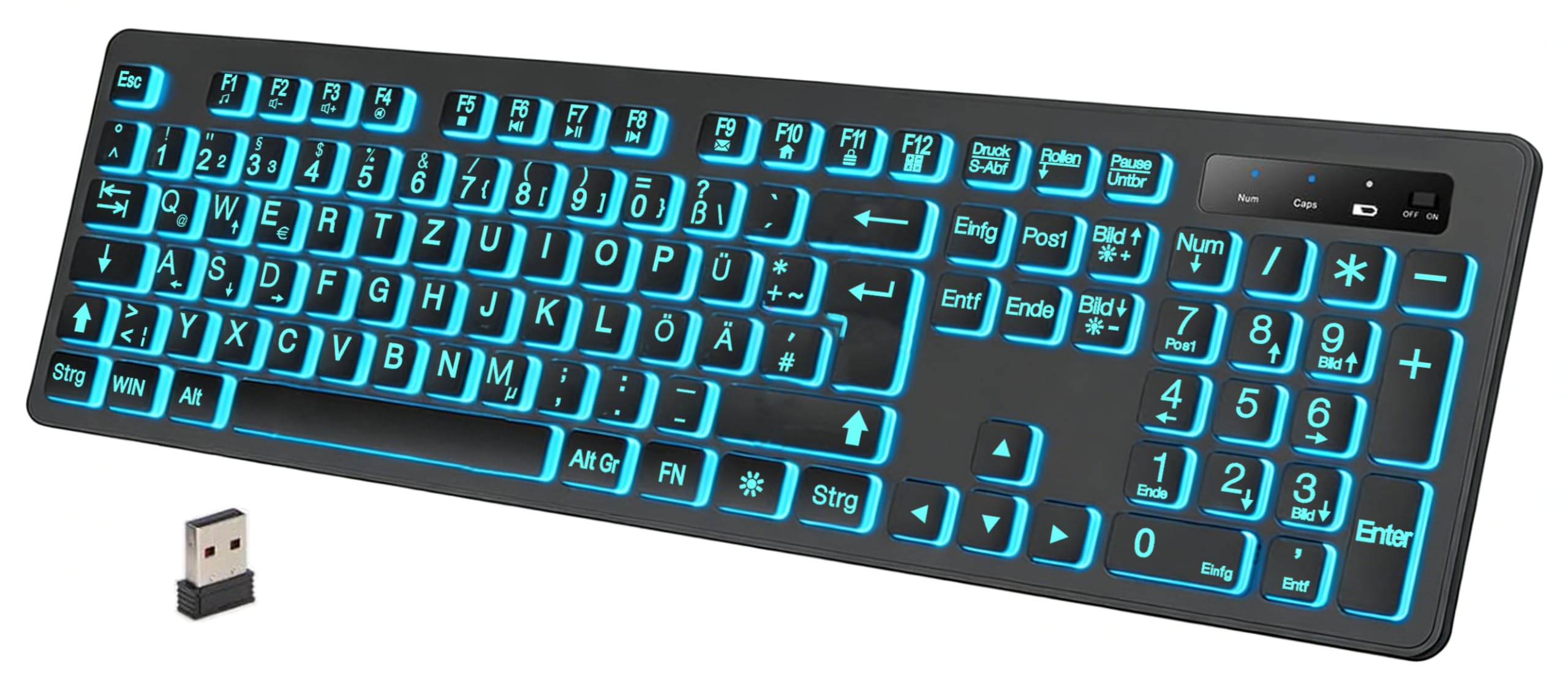 Großdruck Kabellose Beleuchtete Tastatur– 7 umschaltbaren Hintergrundfarben