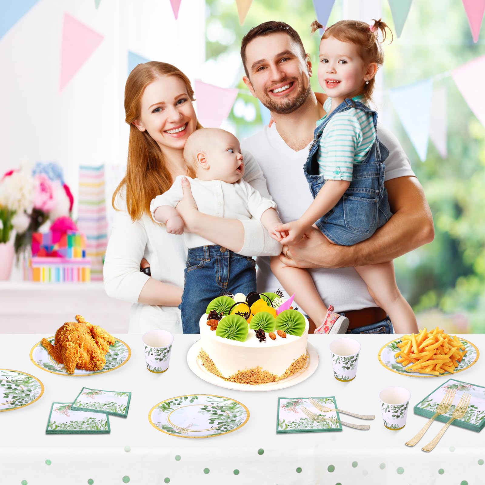Platos de fiesta verde salvia, platos y servilletas verdes salvia, suministros de fiesta, 126 piezas, vegetación de primavera, hojas verdes de eucalipto, vajilla desechable para boda,