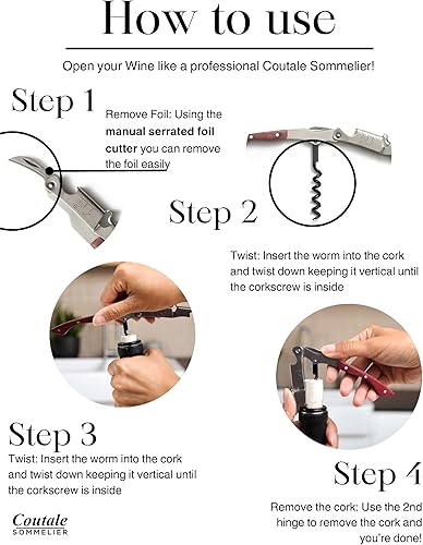 Miniatura 8 de Coutale Sommelier - Sacacorchos prémium para camareros de acero inoxidable negro, abridor de botellas de vino de doble palanca patentado francés