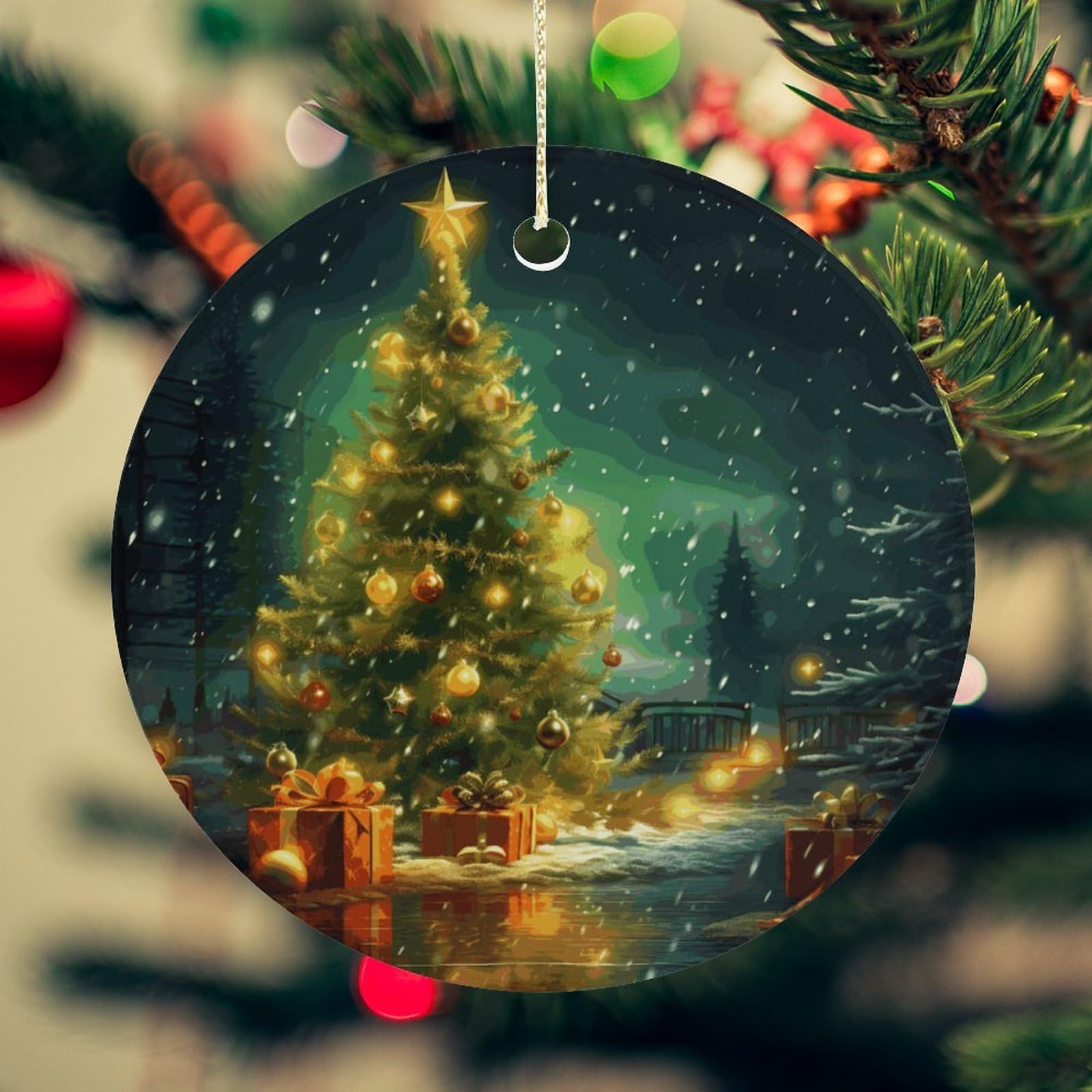Christmas Trees Christmas Ornament for Christmas Tree Ceramic Round Ornament Winter Holiday Keepsake Gift 2.7" Christmas Tree Hanging Decorations Circle Ceramic Pendant Xmas Gift