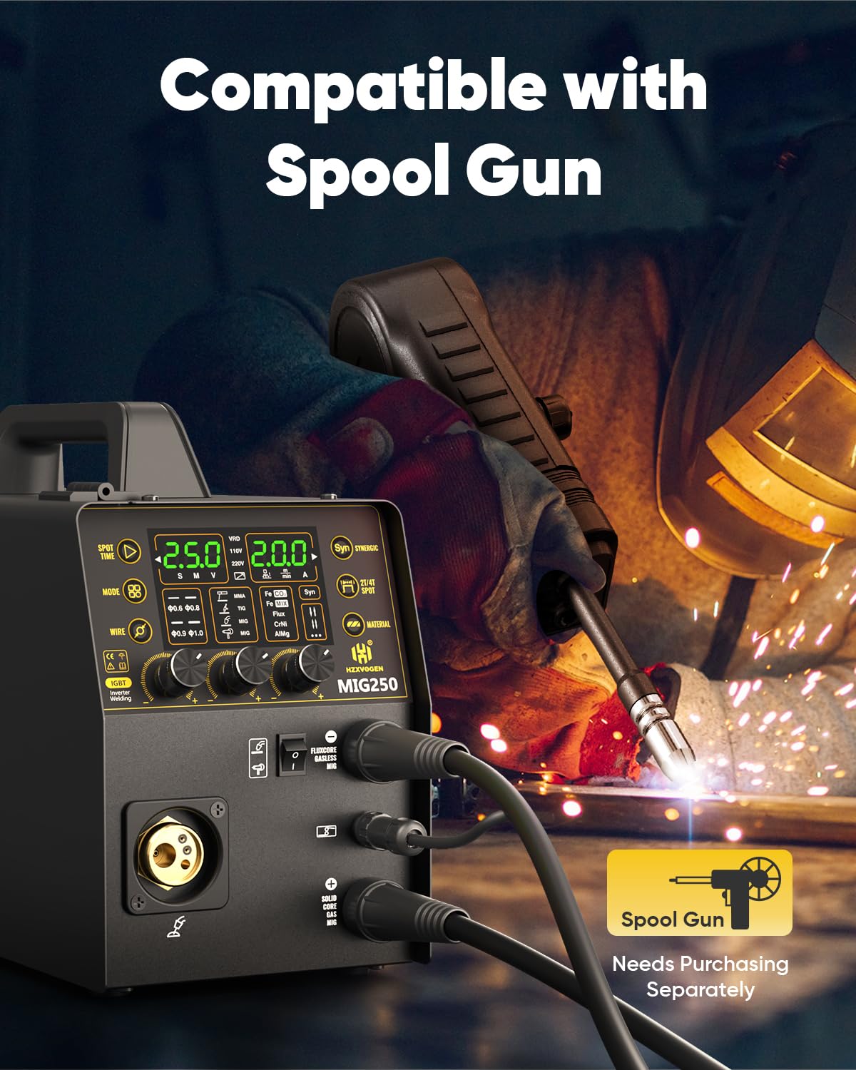 H HZXVOGEN 250A Aluminium-MIG-Schweißgerät, 6-in-1-Schweißgerät für Gas-MIG/Fülldraht-MIG/Lift-TIG/Elektroden-/Punkt-/Spool-Gun-/Puls-MIG-Schweißen, 230V synergische/manuelle Steuerung mit LED-Anzeige