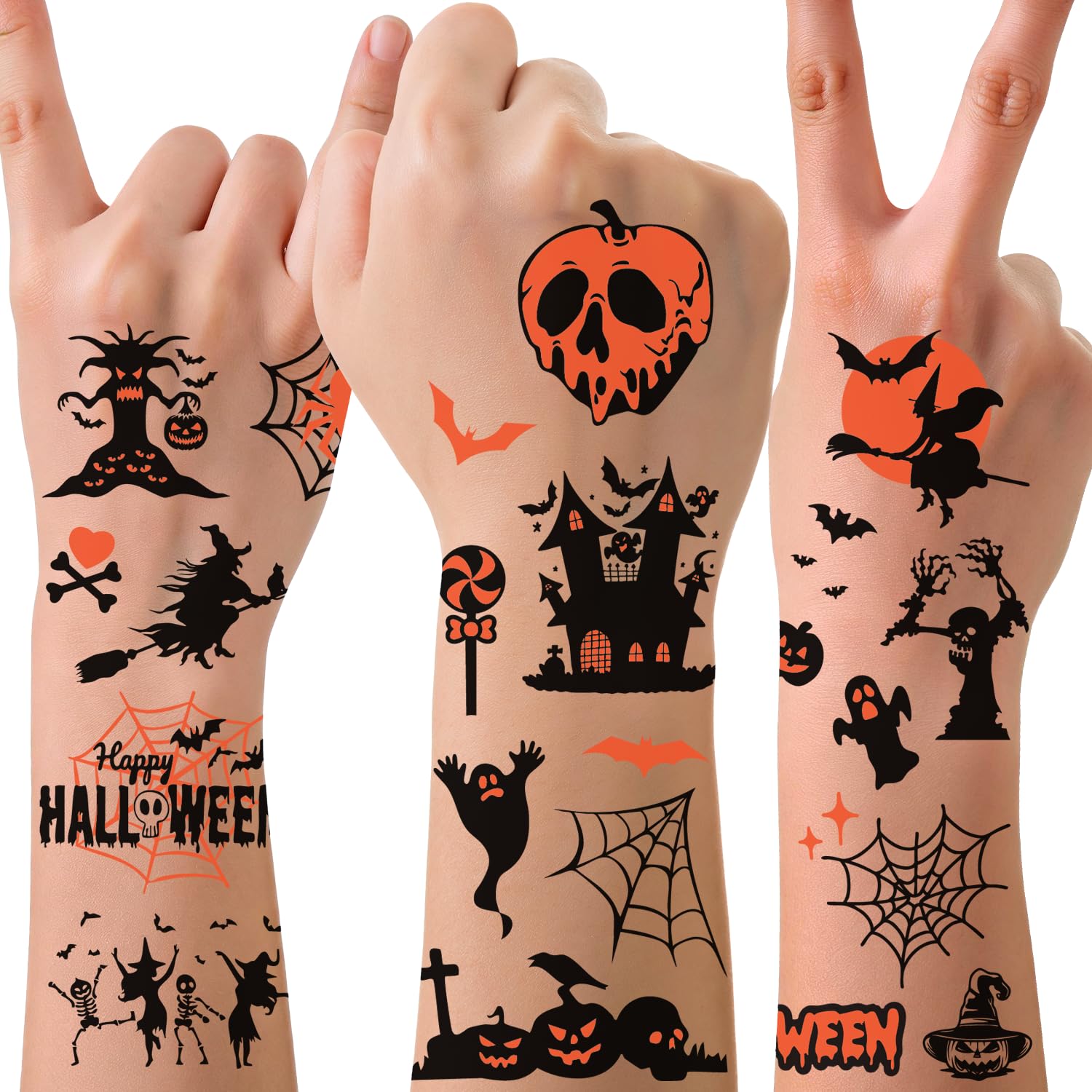 Halloween Temporary Tattoos,100PCS Halloween Tattoo Stickers Set,Halloween Games Treats Gifts Party Favor Supplies (100 PCS Halloween 02)