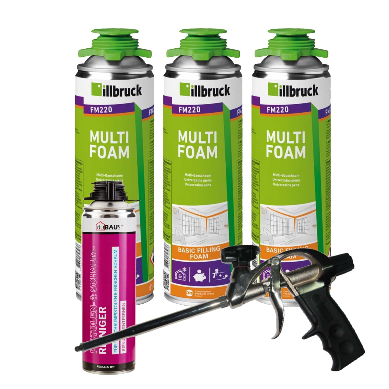 FM220 Bauschaum Montageschaum Pistolenschaum Multischaum Fensterschaum hohe Schalldämmung Wärmedämmung 500ml Kombisets (mit Reiniger AA290 + Schaumpistole Profi Teflon, 3x 500ml)