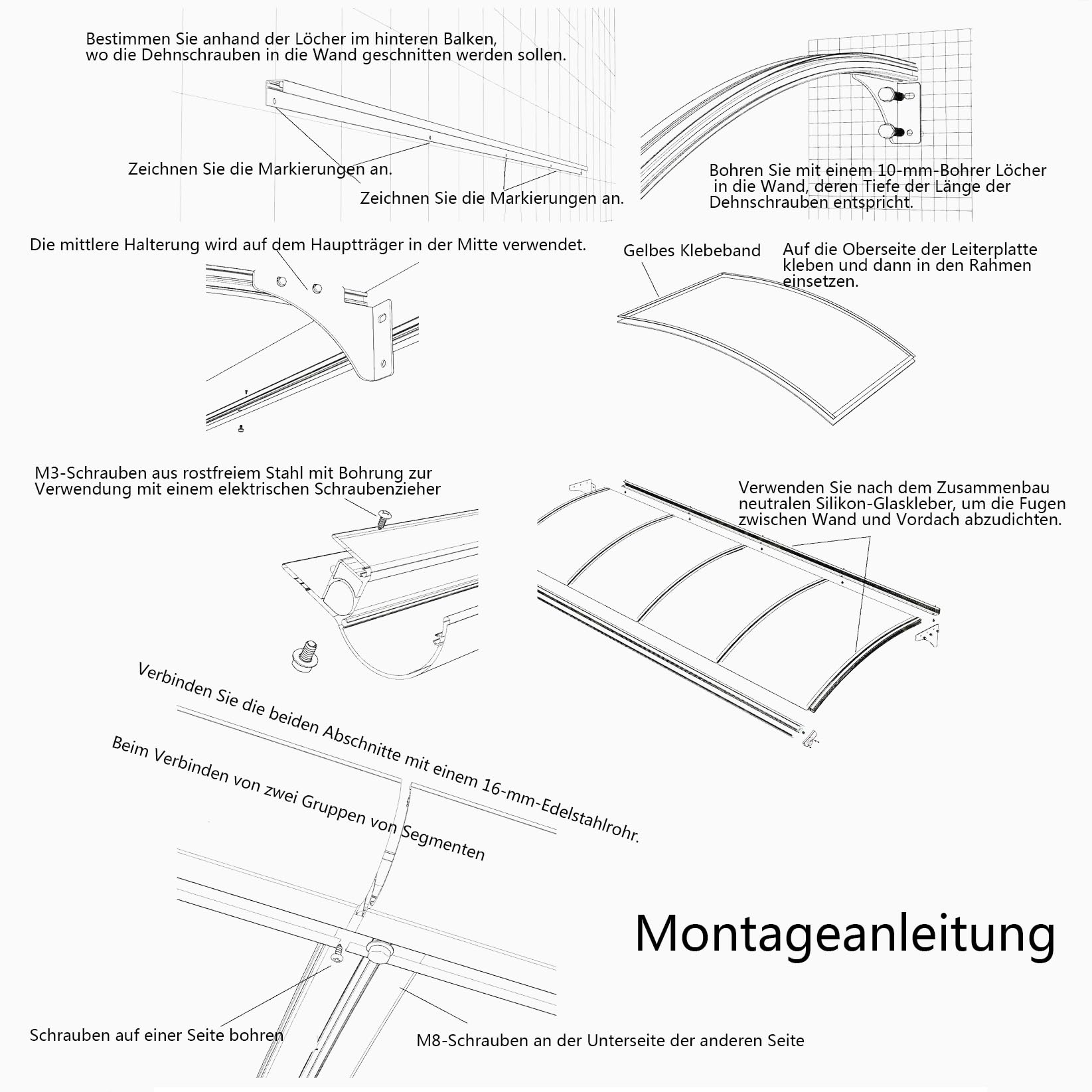 Pultvordach Vordach mit Alu-Regenrinne Transparente Haustür Überdachung,Gartenterrasse Regenschutz Markise Polycarbonat Rahmen aus Aluminium,Pultbogenvordach Schutz vor Regen (150×280cm)