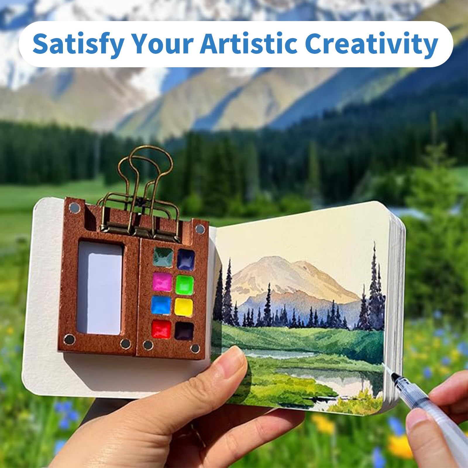 Mini Aquarell Set – Pocket Aquarell Set mit 8 Walnussholz, Magnetverschluss & Binder-Clip, Skizzenbuch mit 58 Blatt Aquarellpapier, Aquarellpinsel, Aquarell Set Unterwegs
