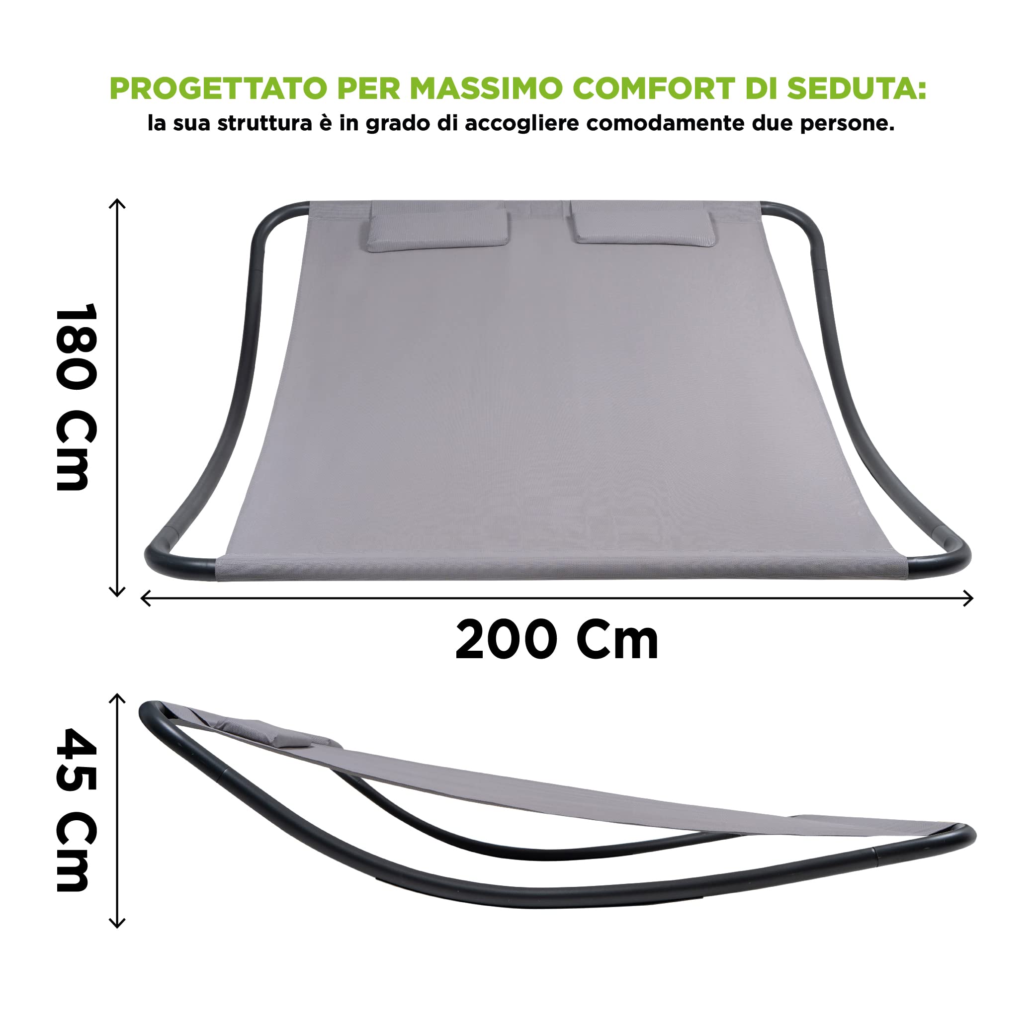Hortan Lettino Matrimoniale Prendisole con Seduta Ergonomica In Tessuto Textilene, Cuscino Poggiatesta e Struttura A Dondolo In Acciaio Per Arredo Esterno, Giardino, Piscina e Terrazzo
