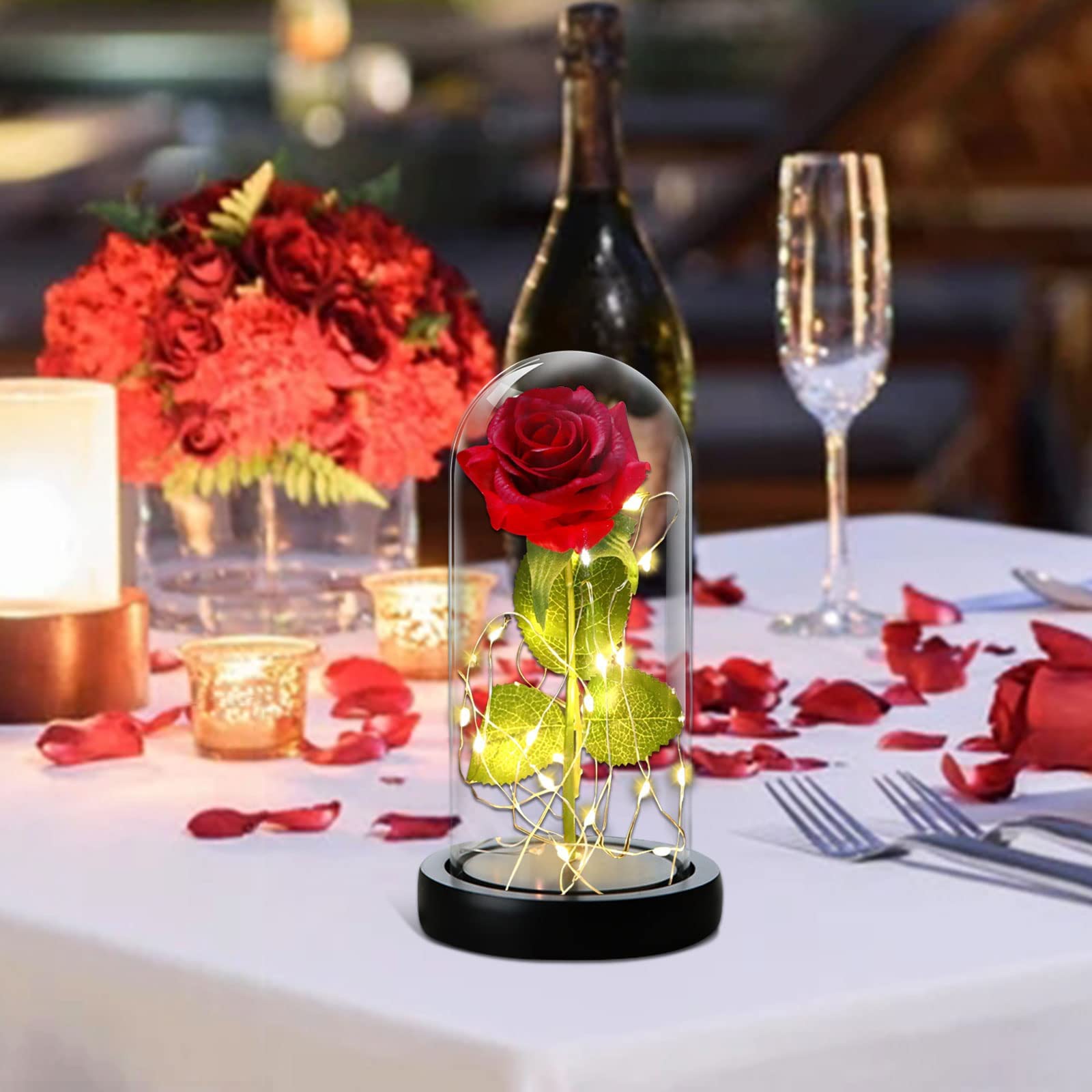 Rosa Eterna, Kit Elegante Con Cúpula de Cristal, Base Pino, Luces LED y Tarjeta de Felicitación - Bella y Bestia Para San Valentín, Día de Madre, Boda