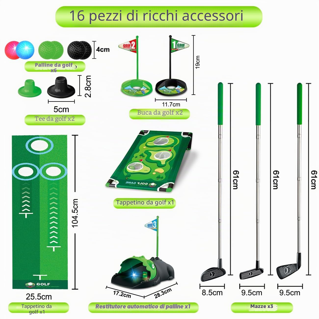 TERRAMUS Set da Golf 3 in 1 per Bambini con Ritorno Automatico Golf Dinosaursco, Tavolo da Golf Cornhole,Palline Luminose al LED,Tappeto per Il Putting,Mini Giochi di Golf,Regalo per Bambini 3-8 Anni