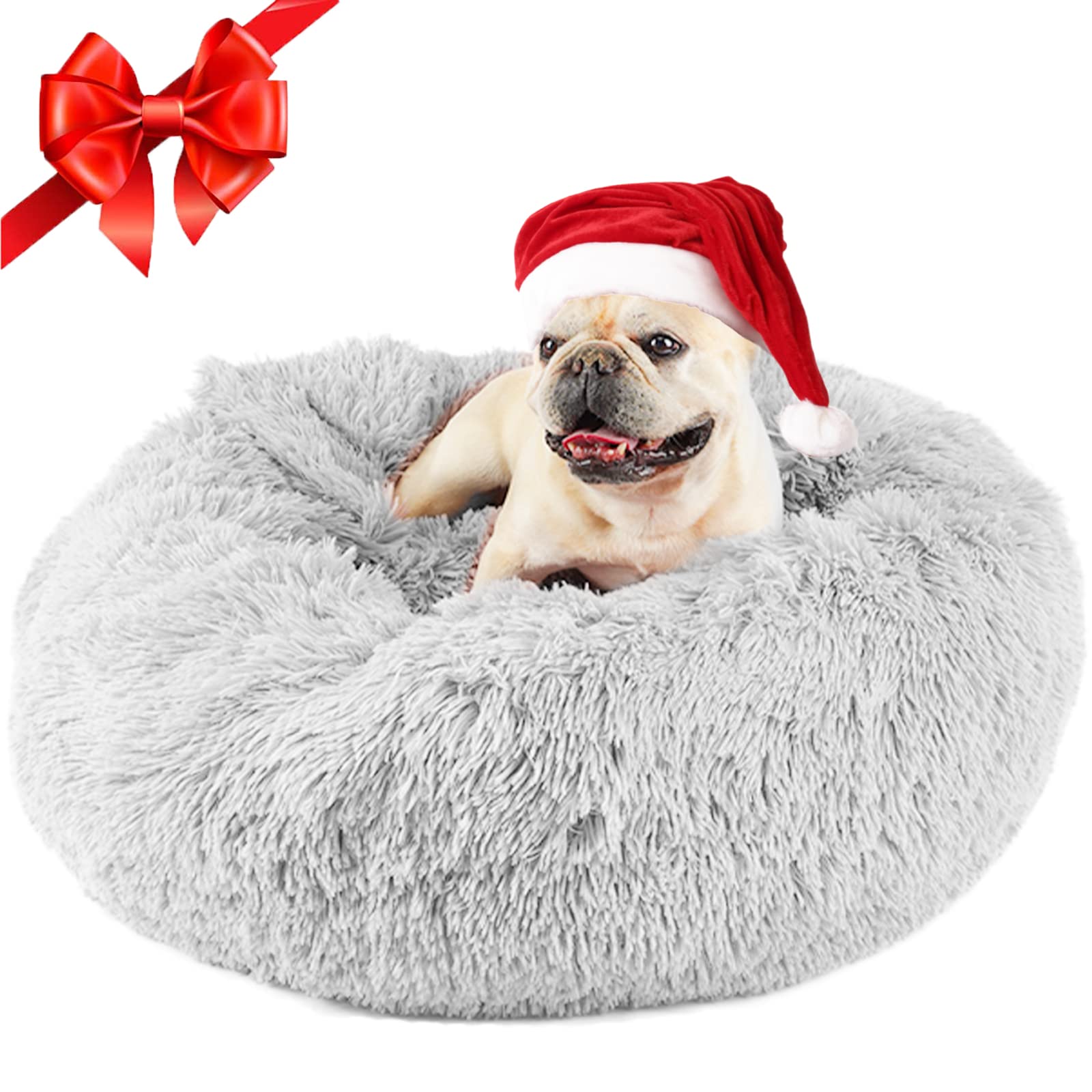 Himax Dog Beds for Small Medium Dogs, Donut Dog Bed with Blanket Attached, Calming Dog Bed Washable (20"/26"/35") Light Grey