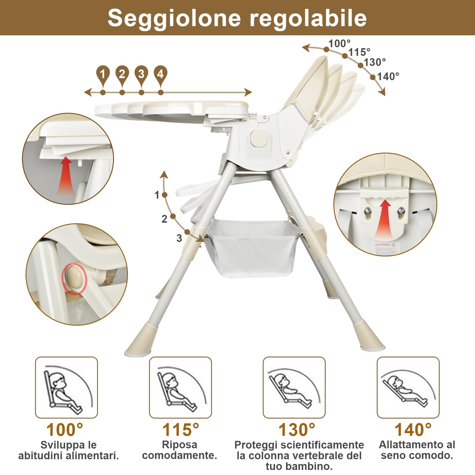 Seggiolone Pappa Pieghevole, Seggiolone Evolutivo con Dondolo Neonati, Piatto da Cena Smontabile, Schienale regolabile, per Bambini da 6 Mesi fino a 3 Anni, Beige