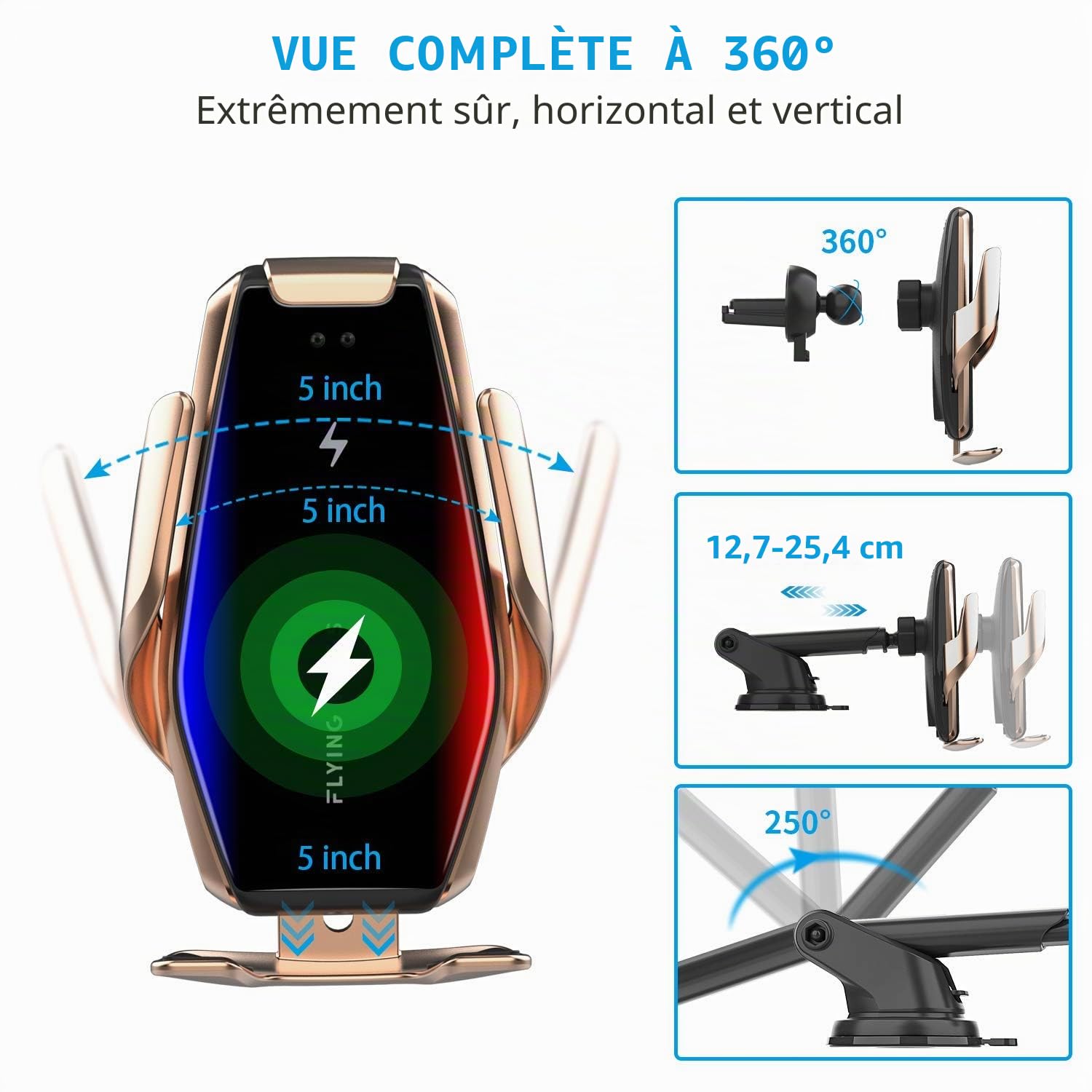Chargeur sans Fil Voiture 2 en 1 Qi 10W/7.5W/5W Serrage par Induction Automatique Tableau de Bord/Trou d'Aération Porte-téléphone, Compatible avec iPhone 8/8P/X Samsung Galaxy S9+/S8+