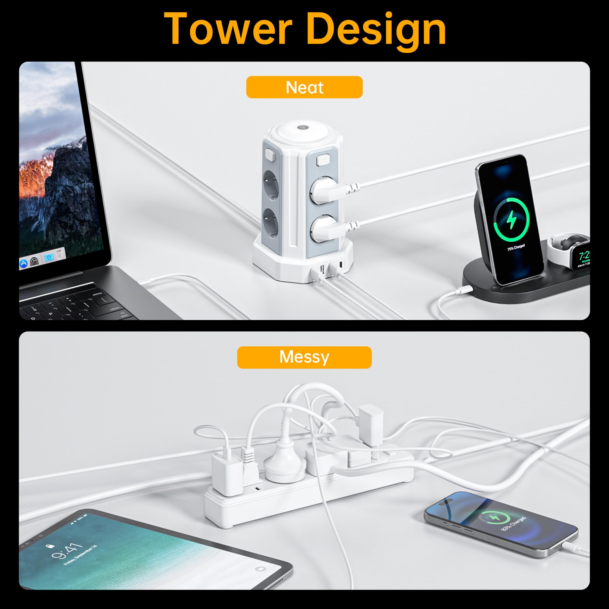 12 en 1 Multiprise avec Interrupteur (3600W/16A), 3M Tour Multiprise with 4 USB Ports and 8 Sockets, avec Lumière pour Le Bureau et la Maison