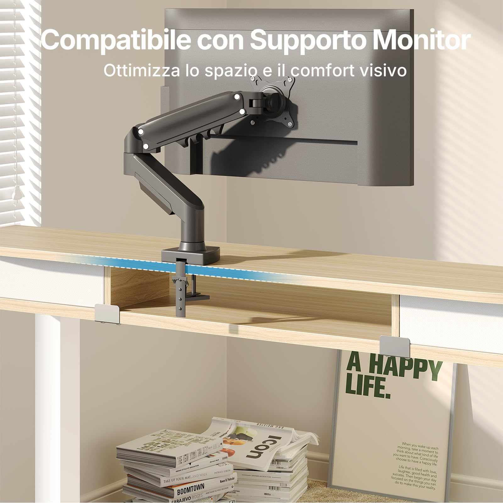 HUANUO Scrivania con Cassetti 100 x 60 cm 4 Memorie | Supporto a Morsetto a C, Scrivania Regolabile in Altezza, Stand Up Ufficio