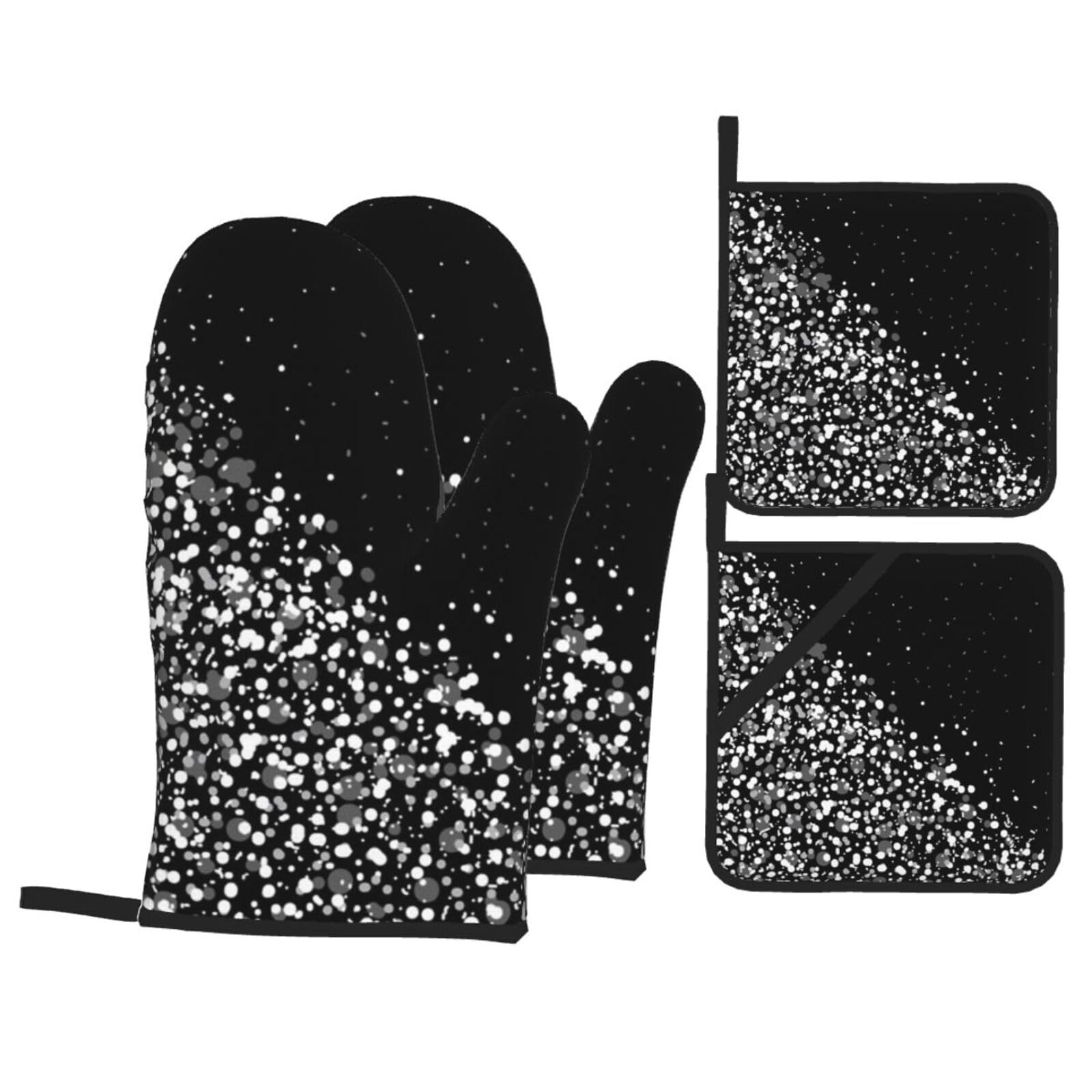 Black White Glitter Print Stylish Heat-Resistant Oven 4-Piece Set Kitchen Gloves Roasting Daily Cooking