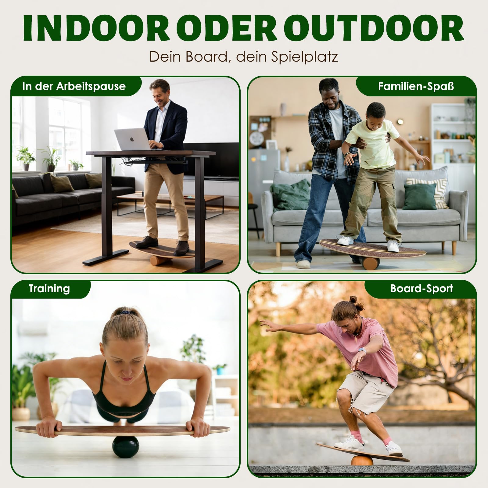 Balance Board, Holz Balance Board Erwachsene Gleichgewichtstrainer Mit Korkrolle, Kork Halbkugel und Gummiball, Balance-Trainer mit rutschfester Oberflächenbehandlung