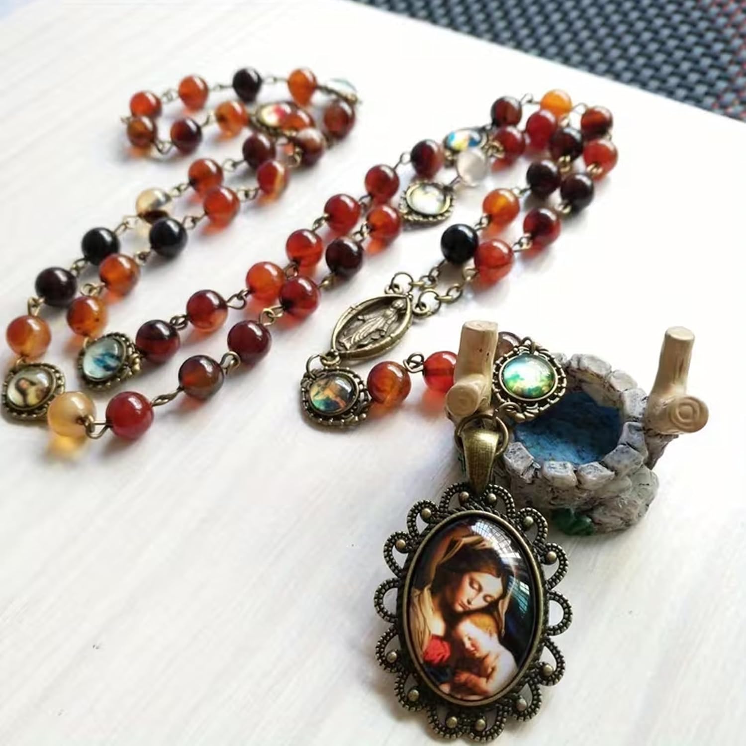 8MM Natural Agate Stone Rosary Beads Catholic Seven Sorrows Rosary Beads Necklace Seven Sorrows of Mary Rosary Chaplet - Image 3