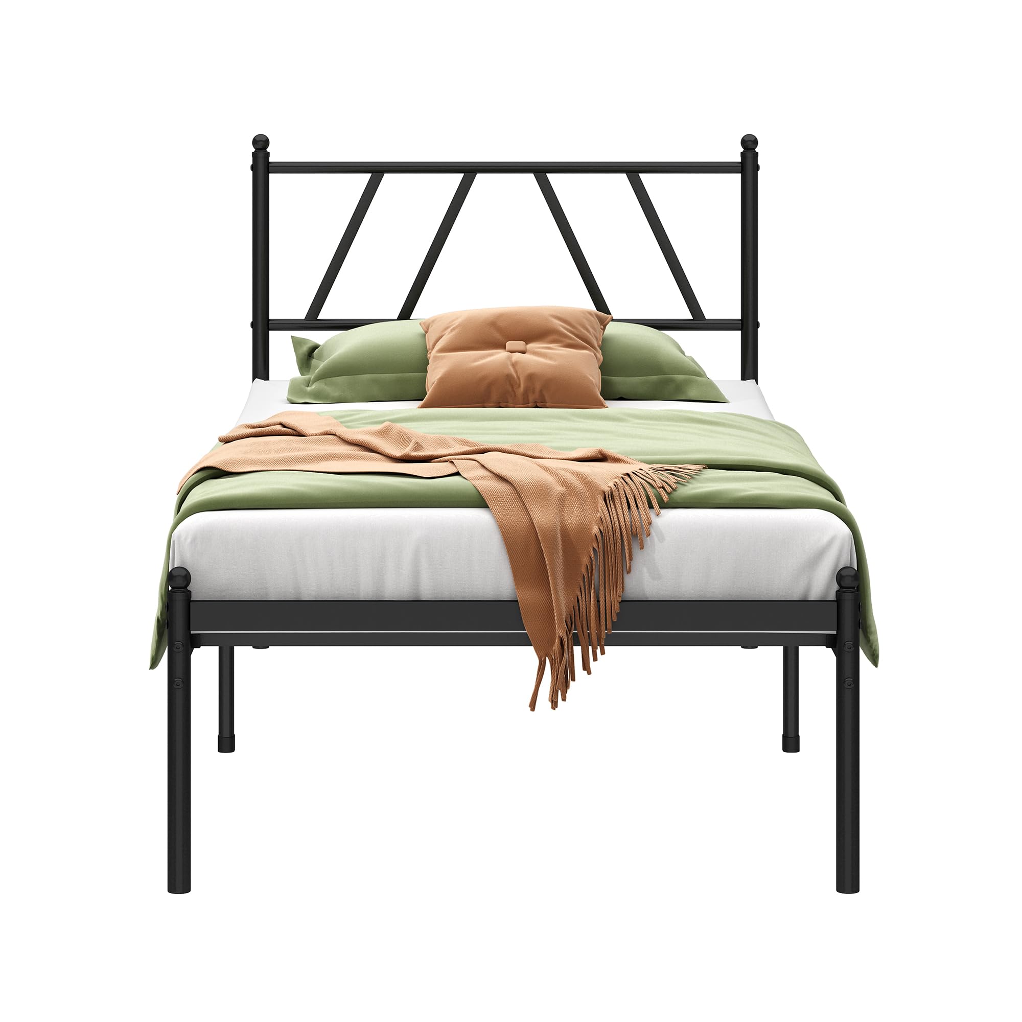 metal platform bed frame with headboard, 14 inches twin bed, no box spring needed, steel slat support, black, easy assembly