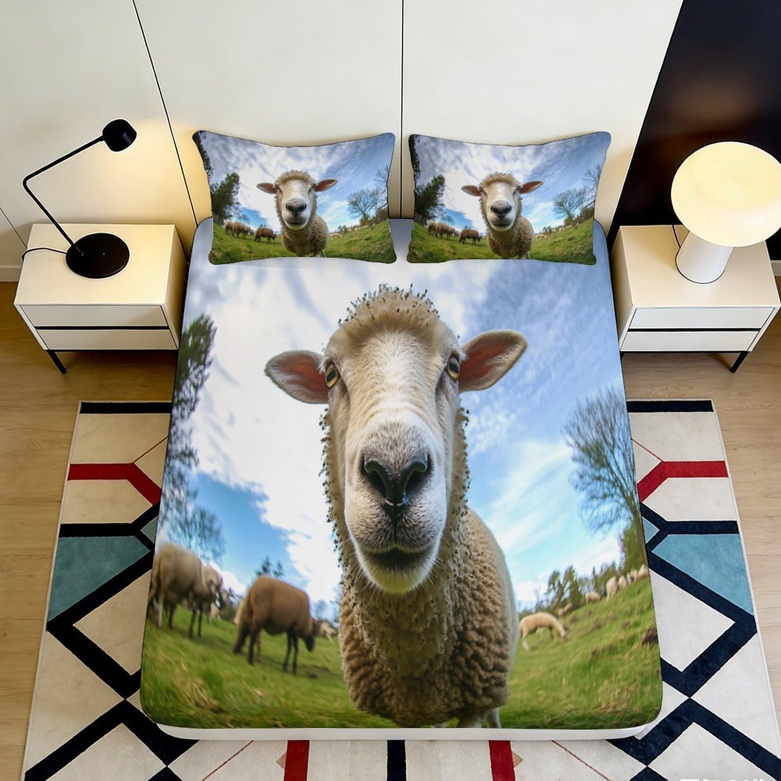 3D Printed Sheep Pattern Fitted Sheet Microfiber Soft Durable 3D Printed Sheep Field Bed Cover for Bedroom Dormitory Guest Room Mattress Protection 200x200x25cm