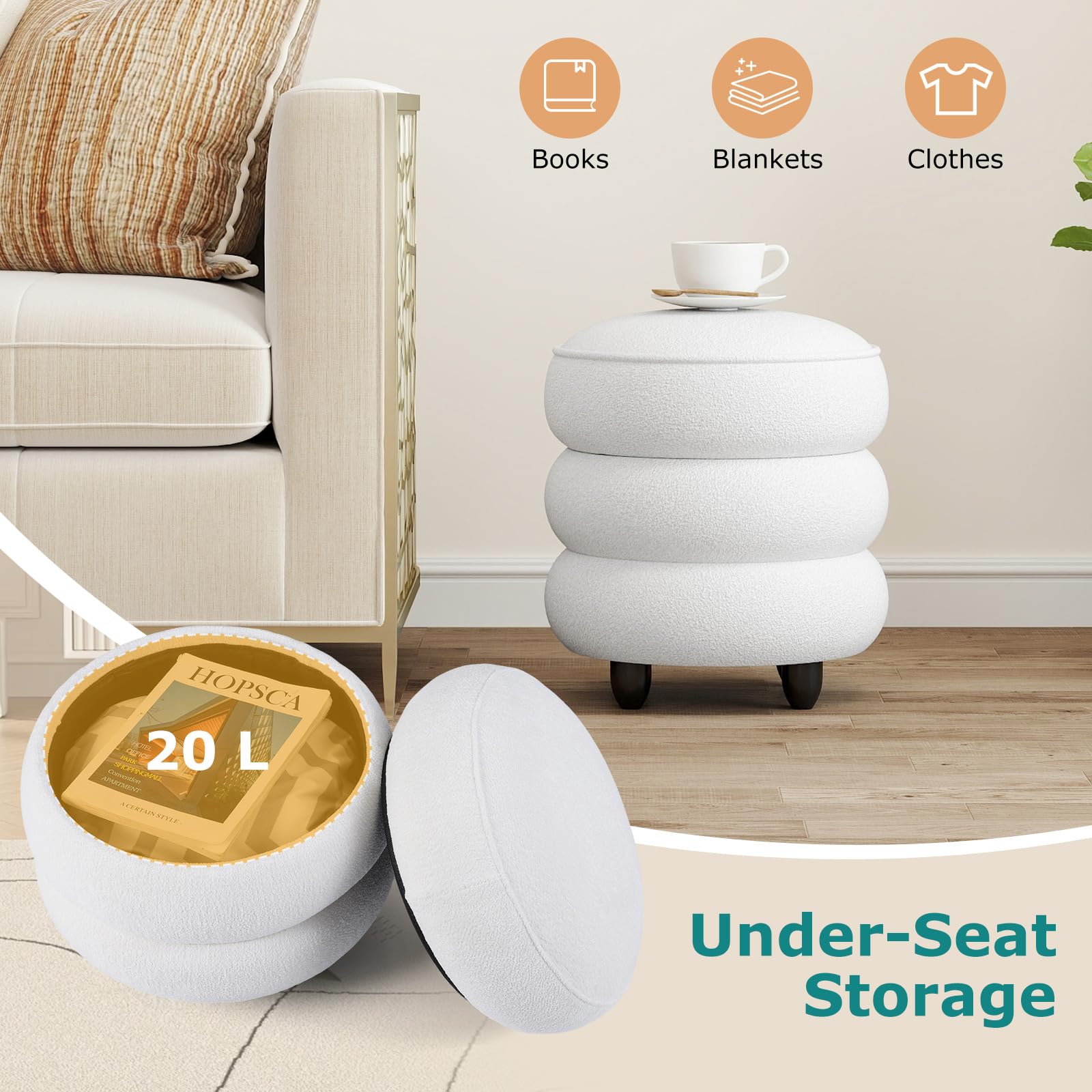 GIANTEX Pouf Contenitore Rotondo in Ciniglia con Coperchio Rimovibile