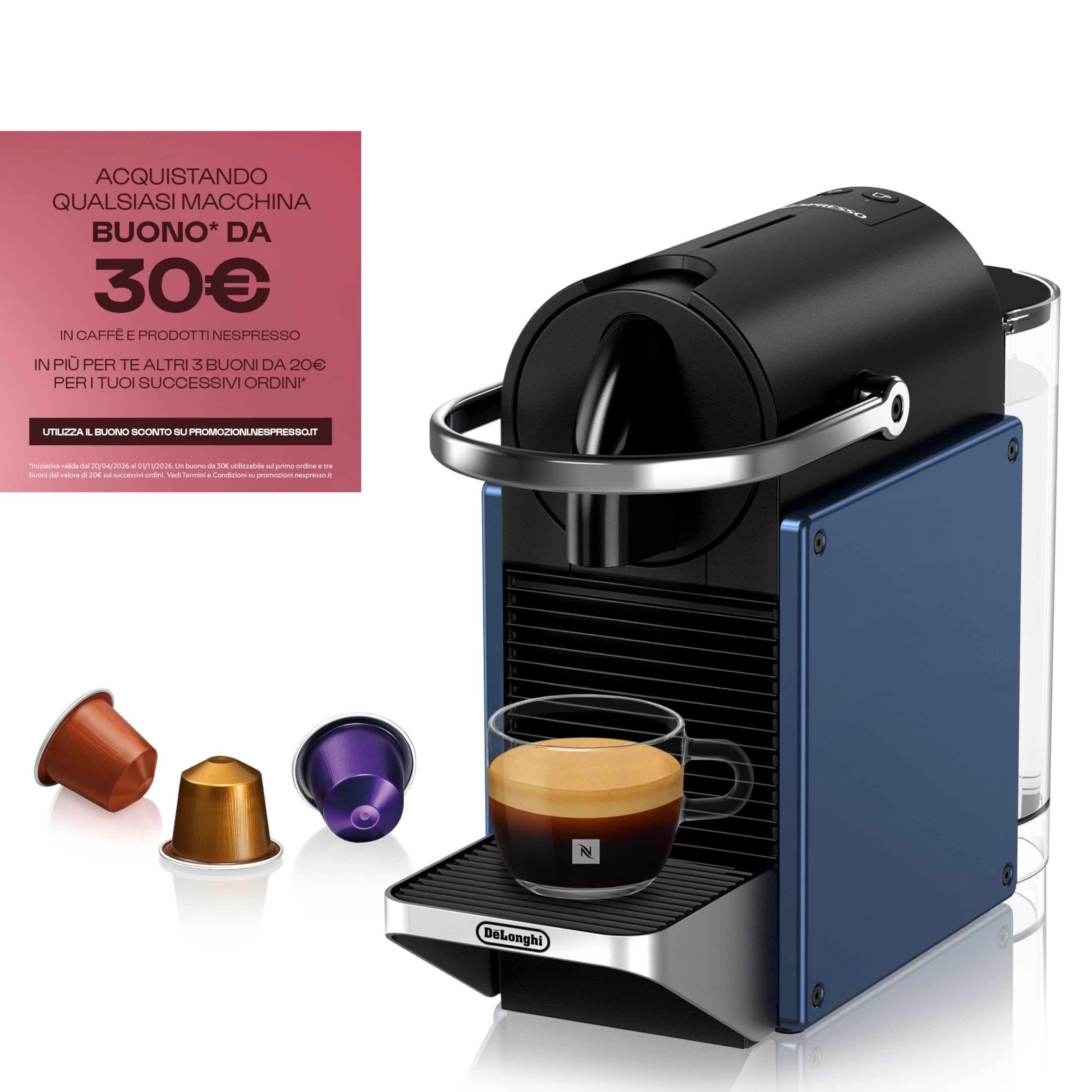 Nespresso De'Longhi Pixie EN127.BL, Macchina da Caffè con Sistema Capsule Nespresso, Modalità ECO, Espresso e Caffè Lungo, Design Compatto, Pressione 19 Bar, 1260W, Blu