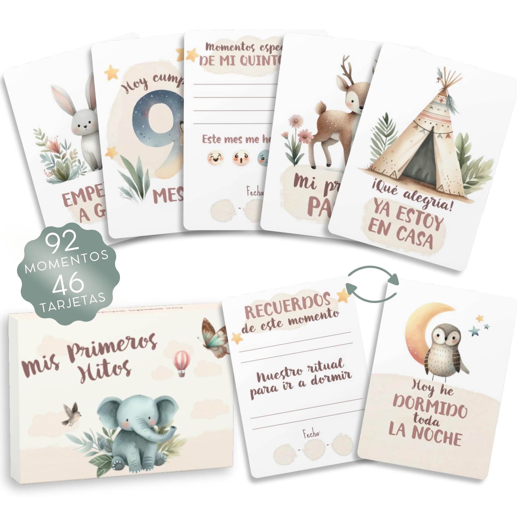 HuBorns - Meilensteinkarten Baby zur Erinnerung an Besondere Momente, 46 Baby Meilensteinkarten Einzigartige und Wunderschön Gestaltet, Baby Monatskarten Ideal für Babygeschenke (Weiß Spanisch)