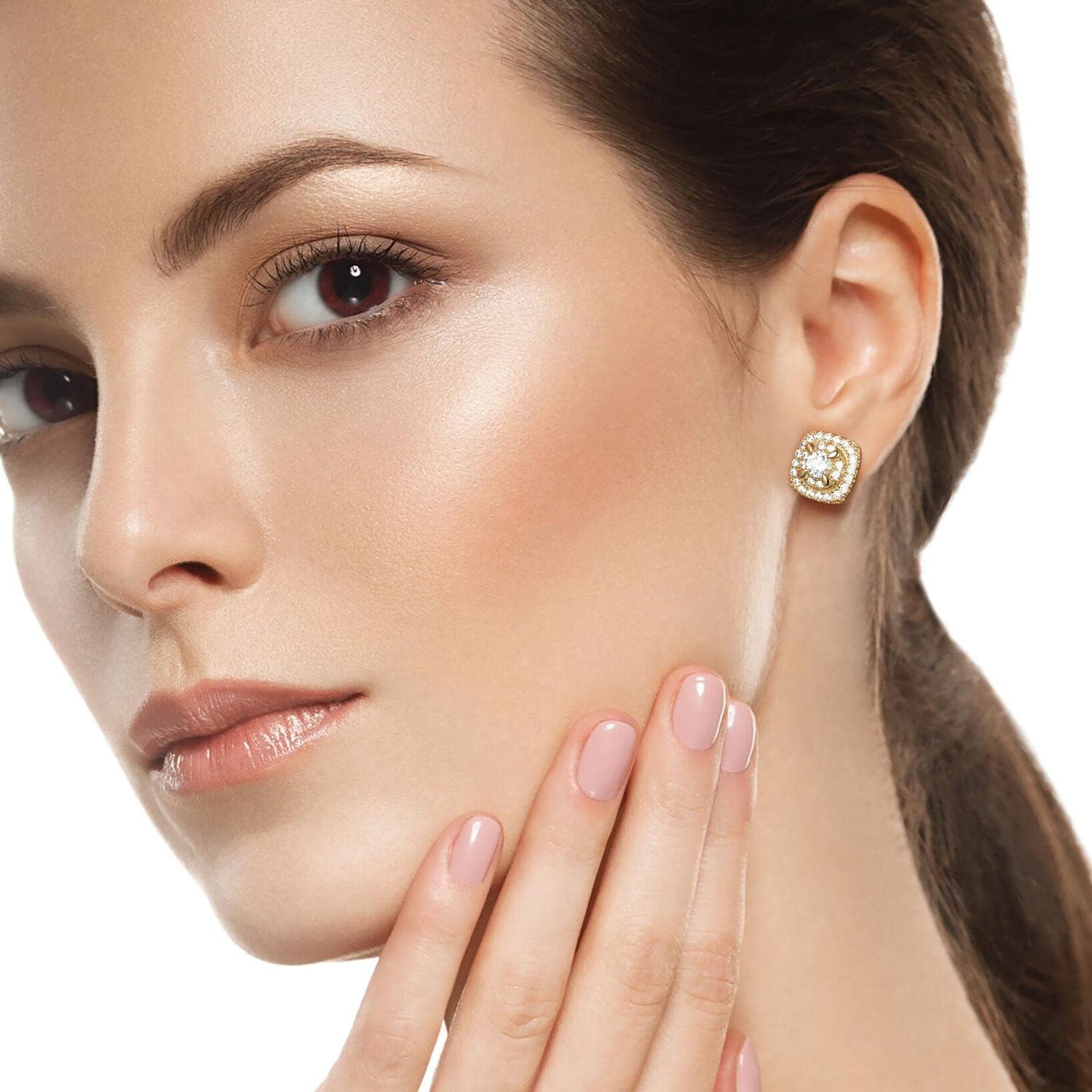 14K Gold Studs Earrings for Women Square-design Gold Stud Earrings for Women Cubic Zirconia Earring Studs 9.6mm - Image 2