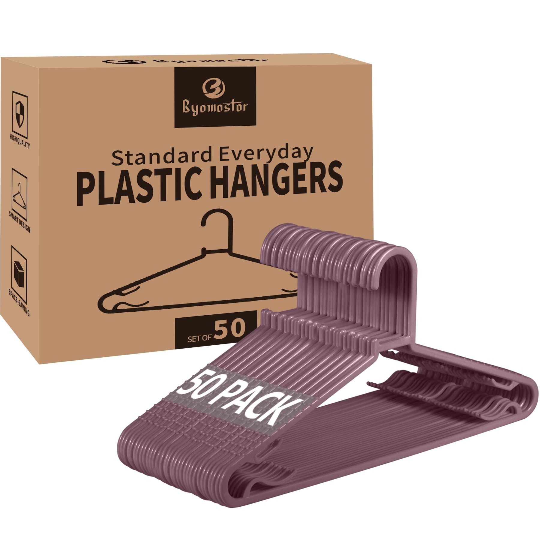 Plastic Hangers 50 Pack, Light Weight Durable Clothes Hangers with Hooks Standard Size G-Shape&Non-Slip Coat Hangers for Everyday Use (Purple)