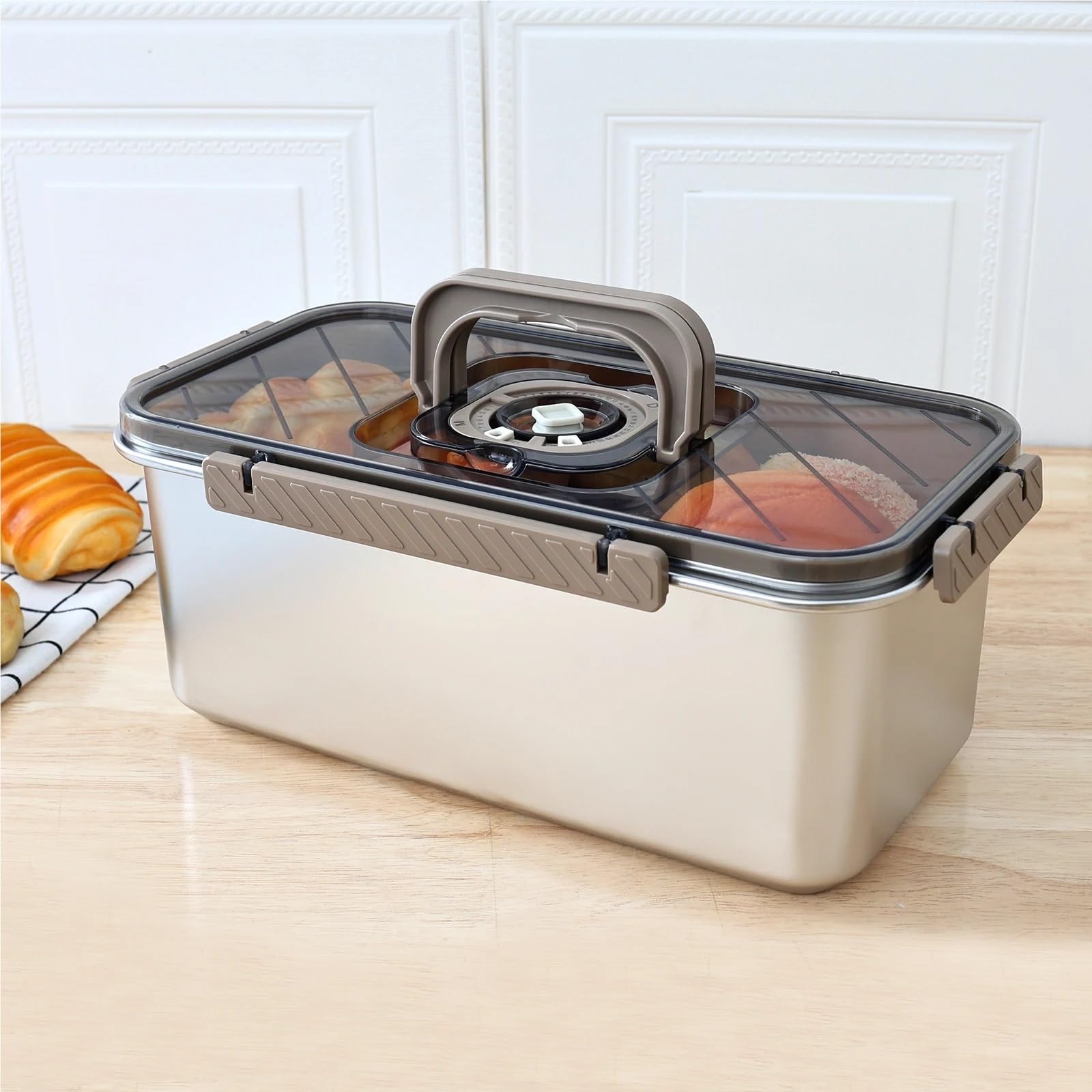 Scatola for pane in acciaio inossidabile da 5,8 litri con maniglia Registrazione del tempo Contenitori sigillati for alimenti Contenitore for pranzo cucina a buffet per Pane