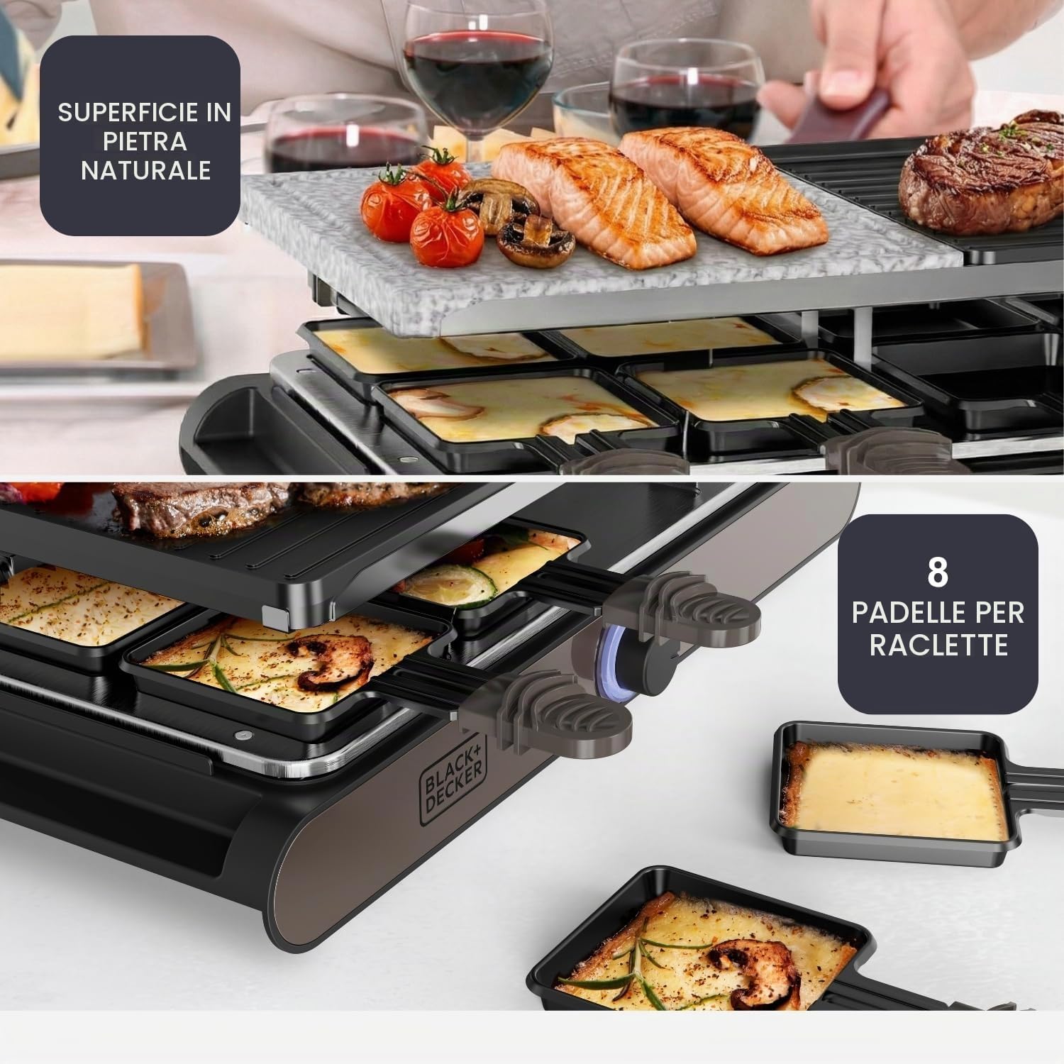 Black+Decker – Raclette elettrica BXFC1400E | 1400W | Per 8 persone | Piastra reversibile grill/plancha + pietra naturale | Termostato regolabile LED | Antiaderente | Accessori inclusi