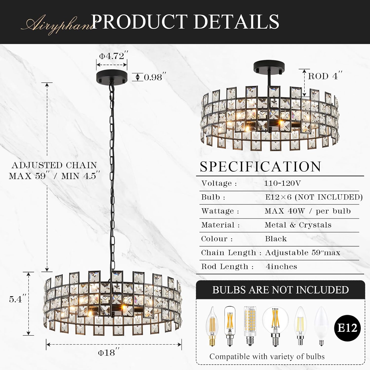 Modern Black Chandelier 6-Light Crystal Pendant Light D18’’ Semi Flush Mount Ceiling Light Round Crystal Pendant Light Fxiture for Dining Room Entryway Hallway Kitchen Island Bedroom