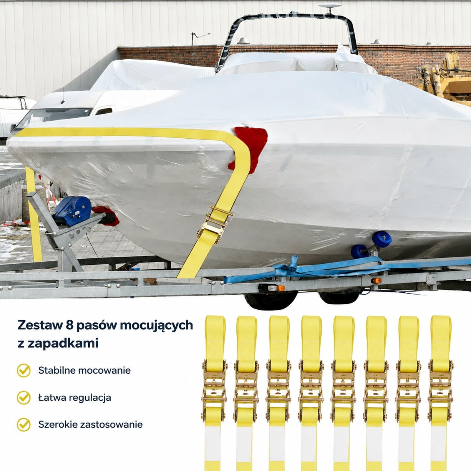Zestaw 8 pasów mocujących z mechanizmem zapadkowym i końcówkami E-Track do ładunku, przeprowadzek, sprzętu domowego oraz ogrodowego