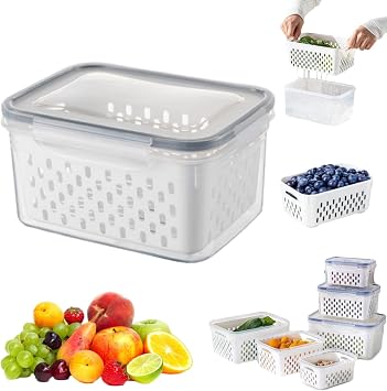 Household Transparent Plastic Food Storage Box-Including Drain Basket, Leak Proof & Freshness Fridge Organizers and Storage with Removable Colander Gray, 7.17 * 5.31 * 3.82in