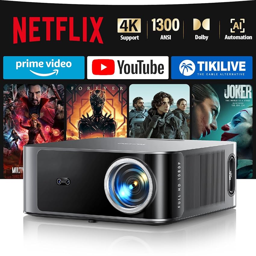 Proiettore 4k【Netflix Ufficiale/1300 ANSI/36W Dolby Audio】Wifi 6 e Bluetooth Bidirezionale Proiettore,AI Autofocus/Evita Ostacoli Proiettere TV, Videoproiettore TOPTRO X9 per PS5/Outdoor/Home Theater