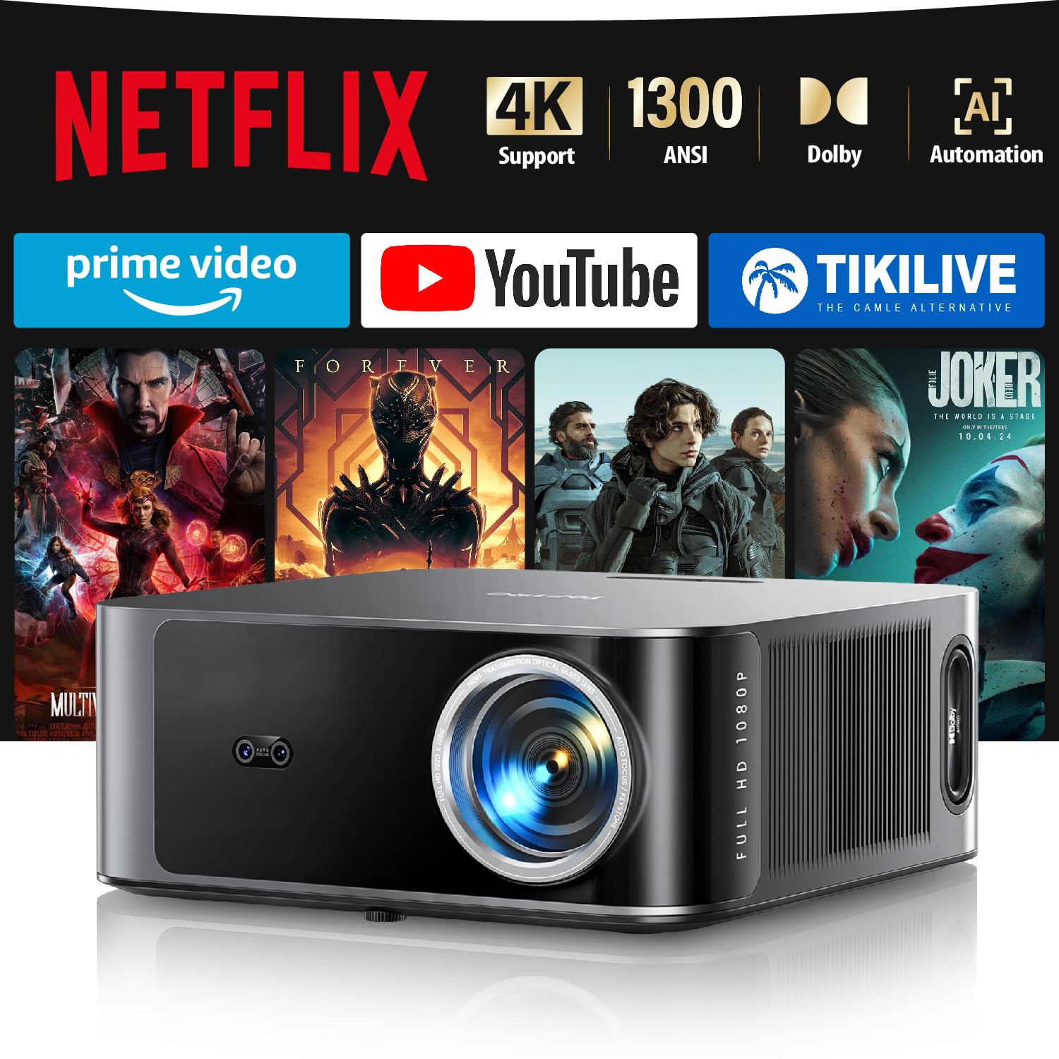 Proiettore 4k【Netflix Ufficiale/1200 ANSI/36W Dolby Audio】Wifi 6 e Bluetooth Bidirezionale proiettore,AI Autofocus/Evita Ostacoli Proiettere TV, videoproiettore Toptro X9 per PS5/Outdoor/Home Theater