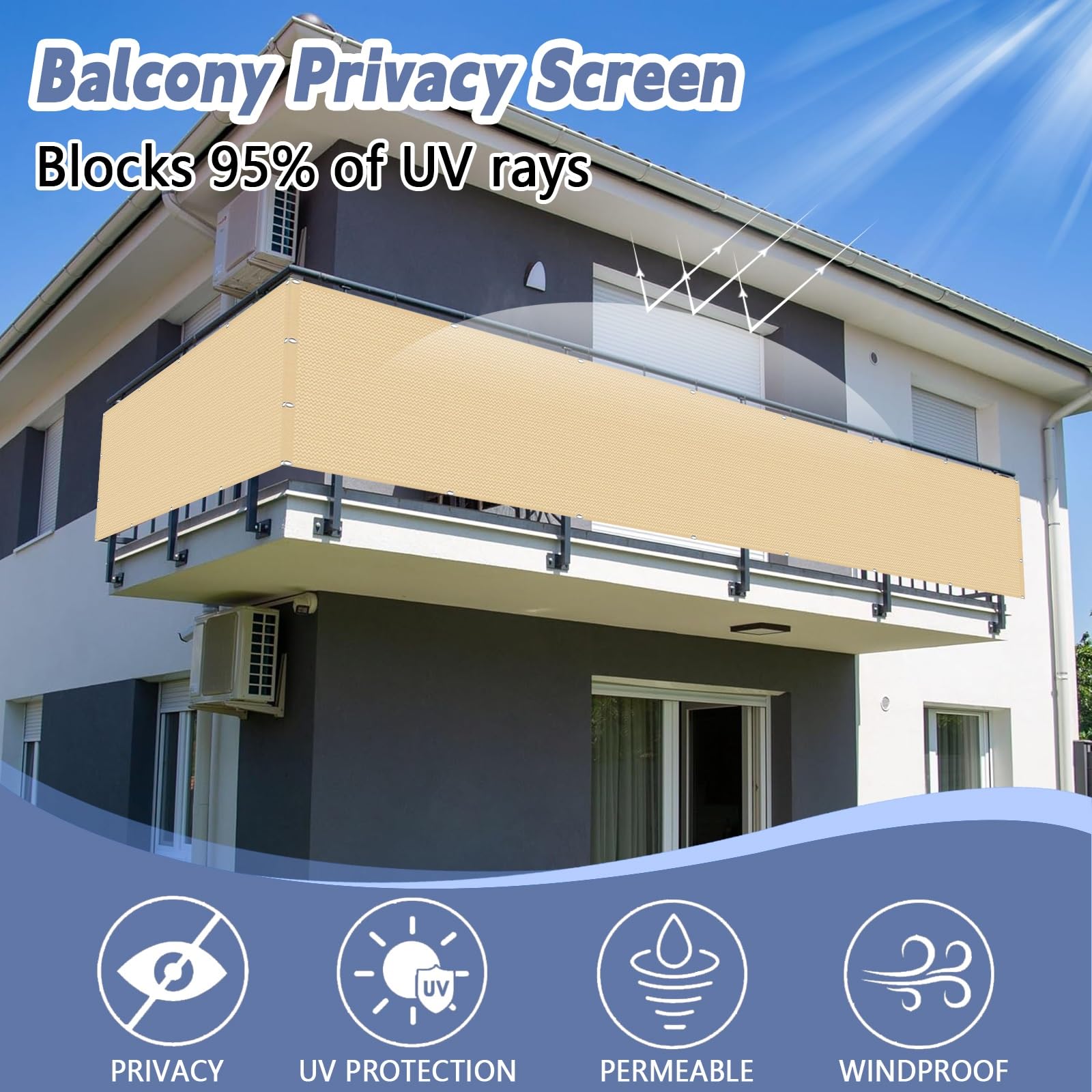 Brise Vue Balcon Extérieur 130 x 300 cm HDPE 220G/M², Protection Contre Soleil, Résistant Aux Intempéries Écran de Confidentialité pour Balcon pour Jardin Patio, Jaune Sable