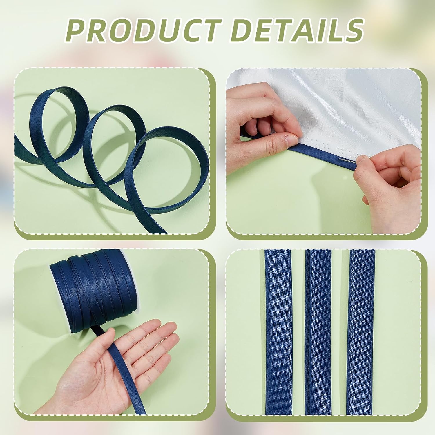 50 Yards 0.39 Inch Wide Double Fold Bias Tapes, Soft Navy Blue Satin Twill Tape, Sewing Supplies for Seaming Binding Hemming Piping Quilting