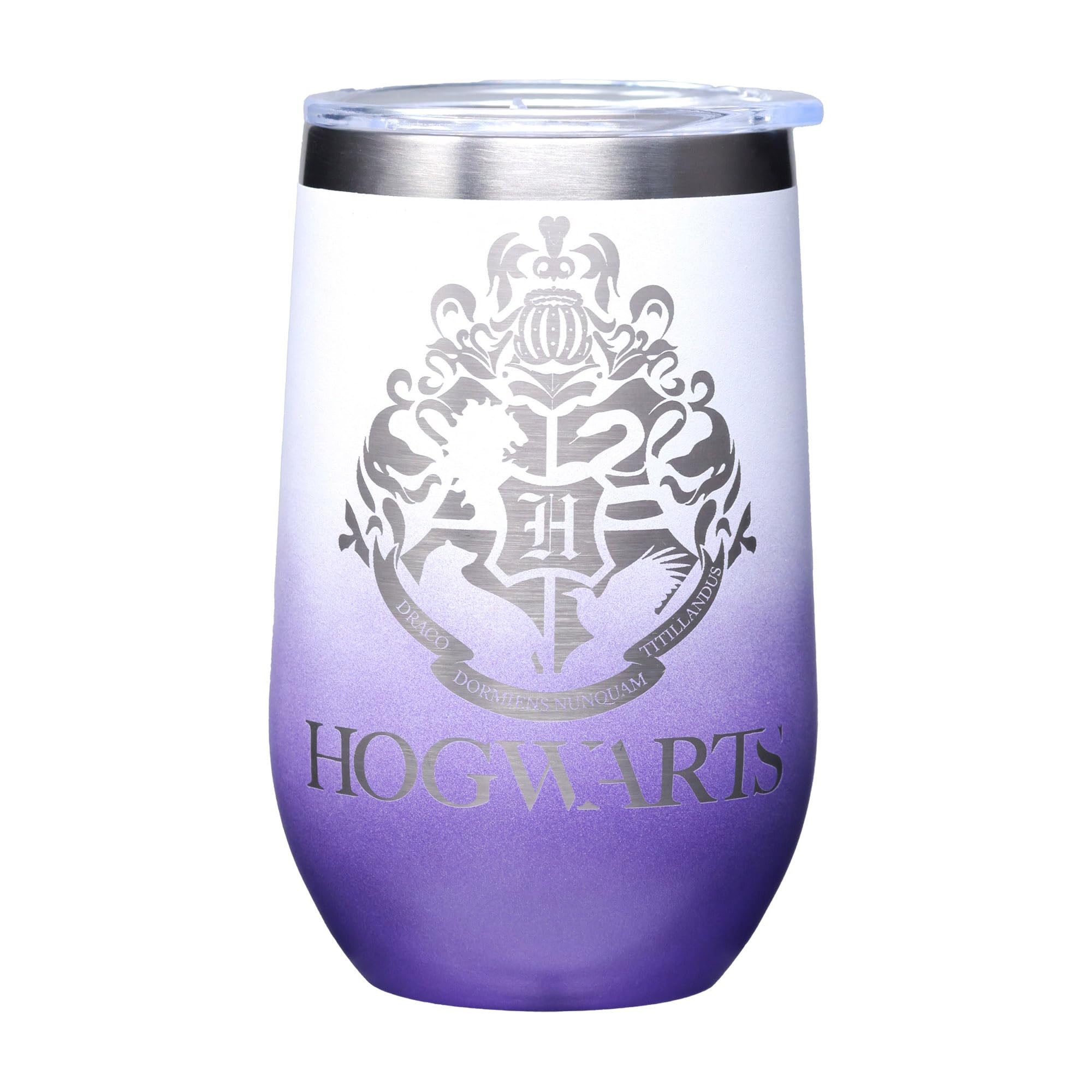 Spoontiques Hogwarts Etched Stainless Steel Tumbler - Insulated Wine Tumbler with Lid – Double Wall Stainless Steel Stemless Wine Glass – 16oz - 5 5/8" Tall